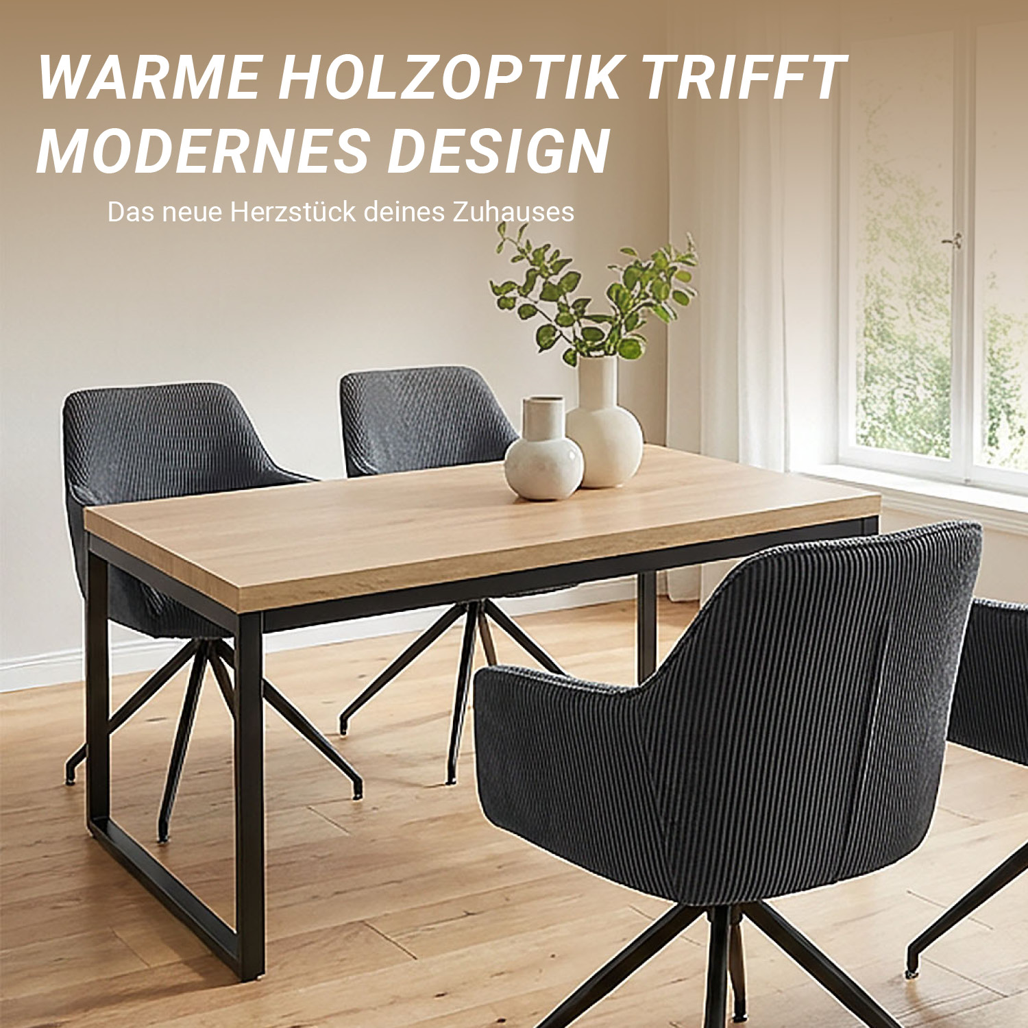 Modern Dining Table Kitchen Table Wooden Table 160x90 cm Oak Black Metal 6 Seater