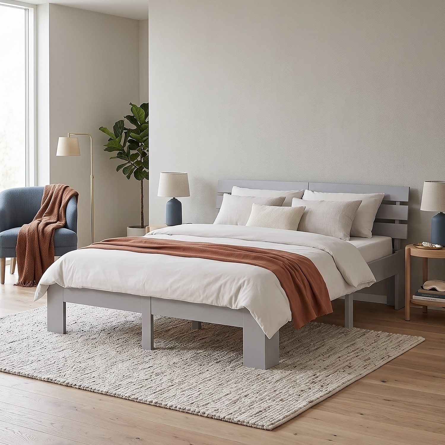 Wood Bed 180x200 cm Grey | Double Bed | with 2 Mattress | Solid | Kids Youth Guest Bedroom