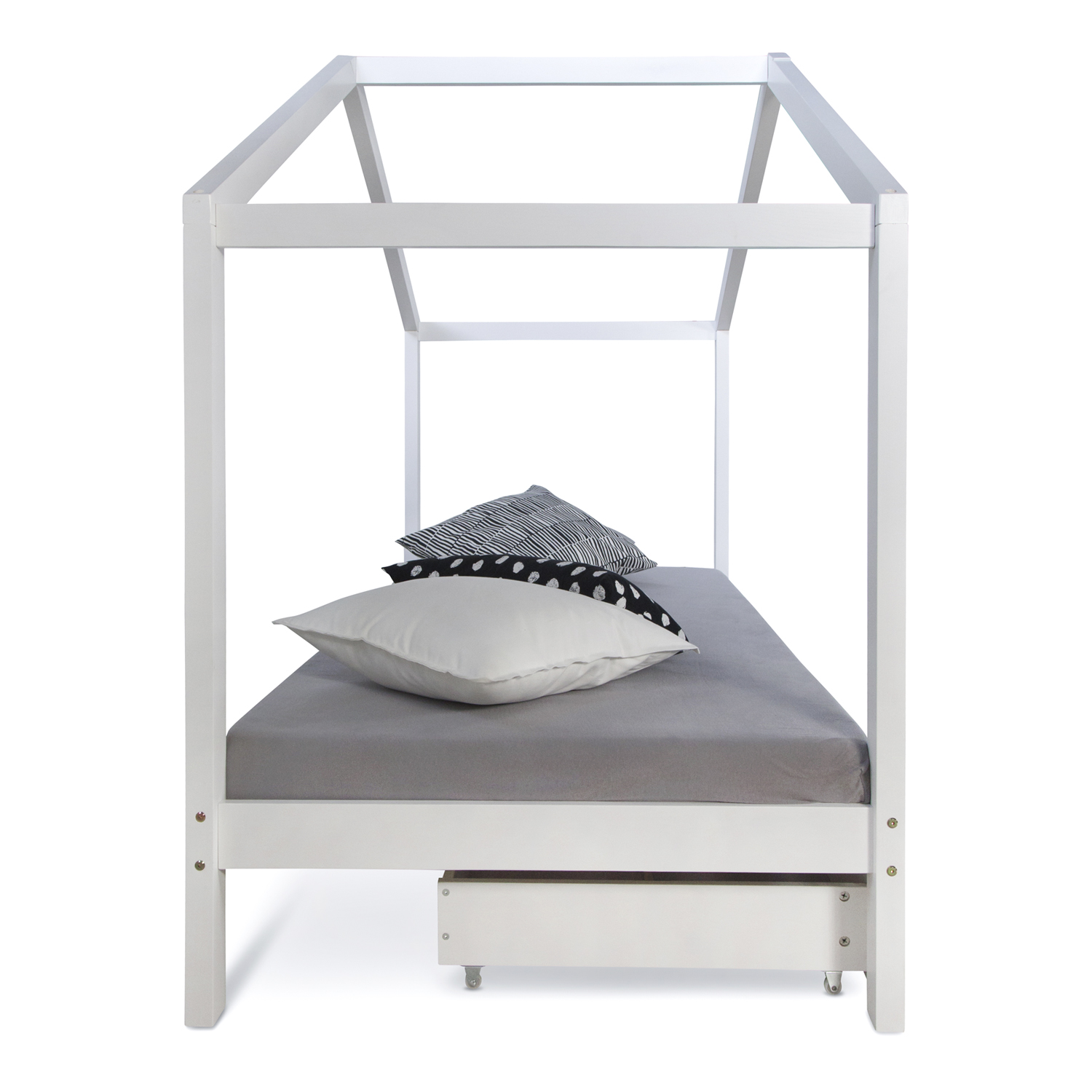 Cot House Bed 90x200 Children's House Play Bed Wooden Bed Bed Drawer Nature White Grey