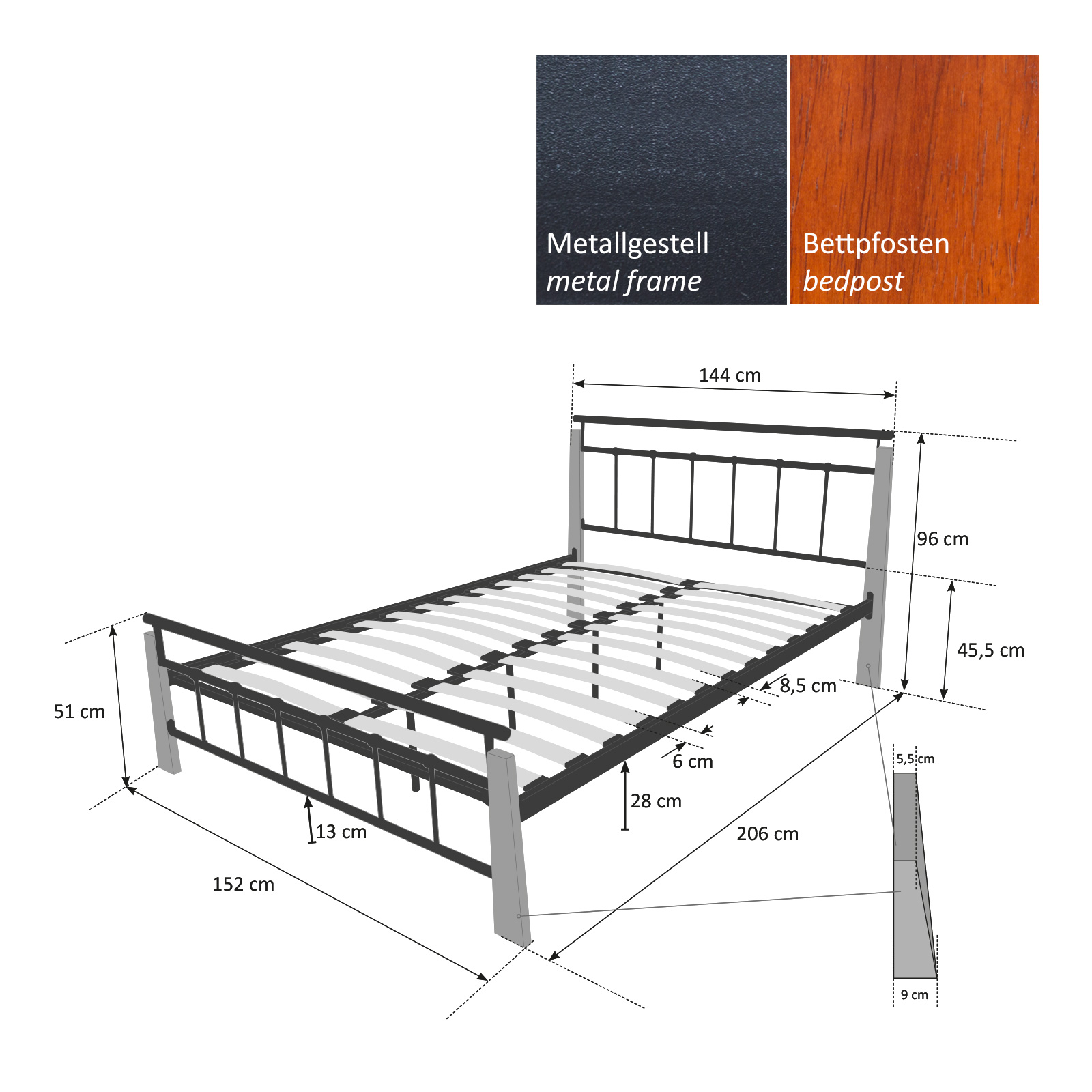 Metal Bed Iron Bed Double 140 x 200 Wood Slatted black brown bed frame 5072