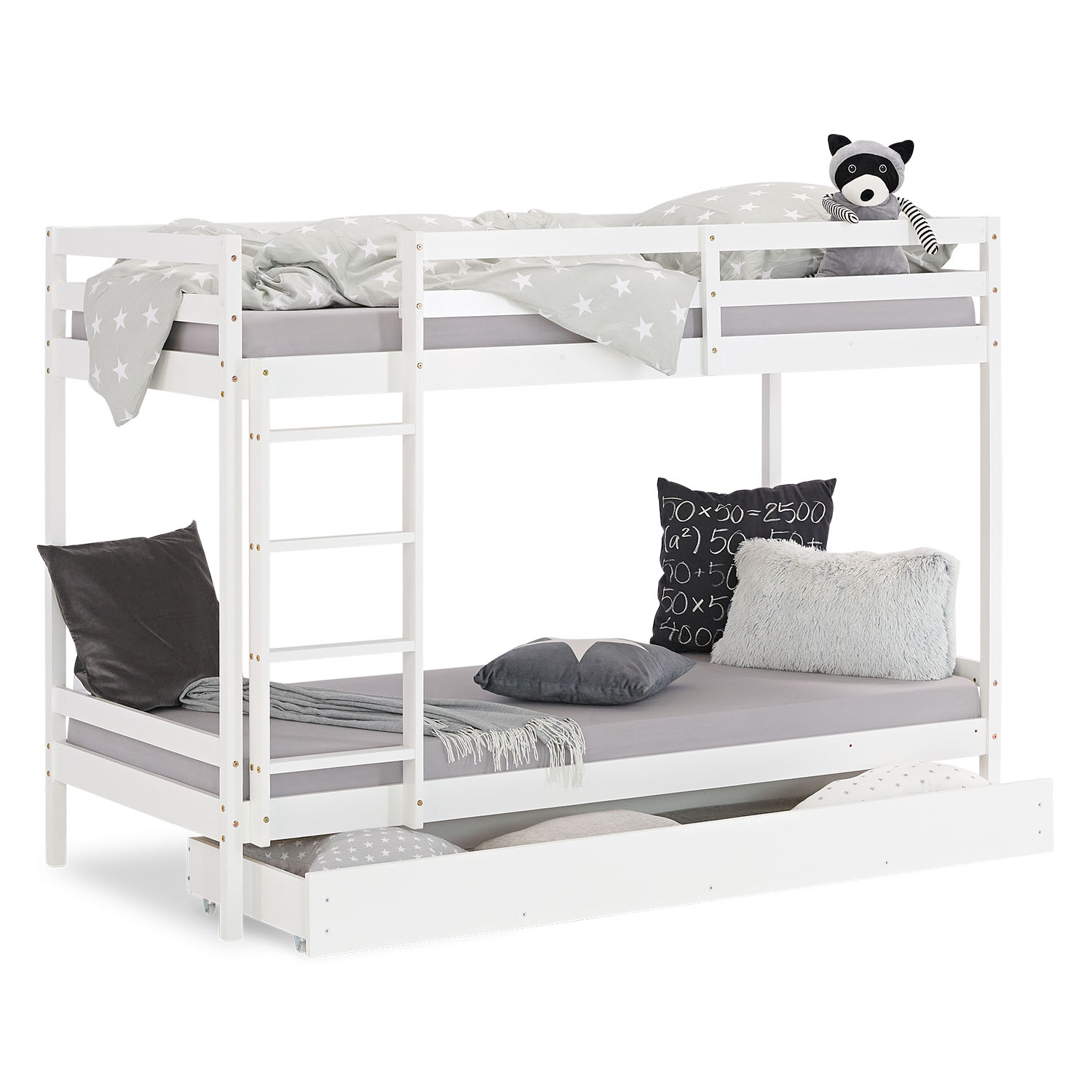 White wooden bunk bed with ladder and additional storage space under the lower bed ? practical and space-saving sleeping option for children's and teenagers' rooms.