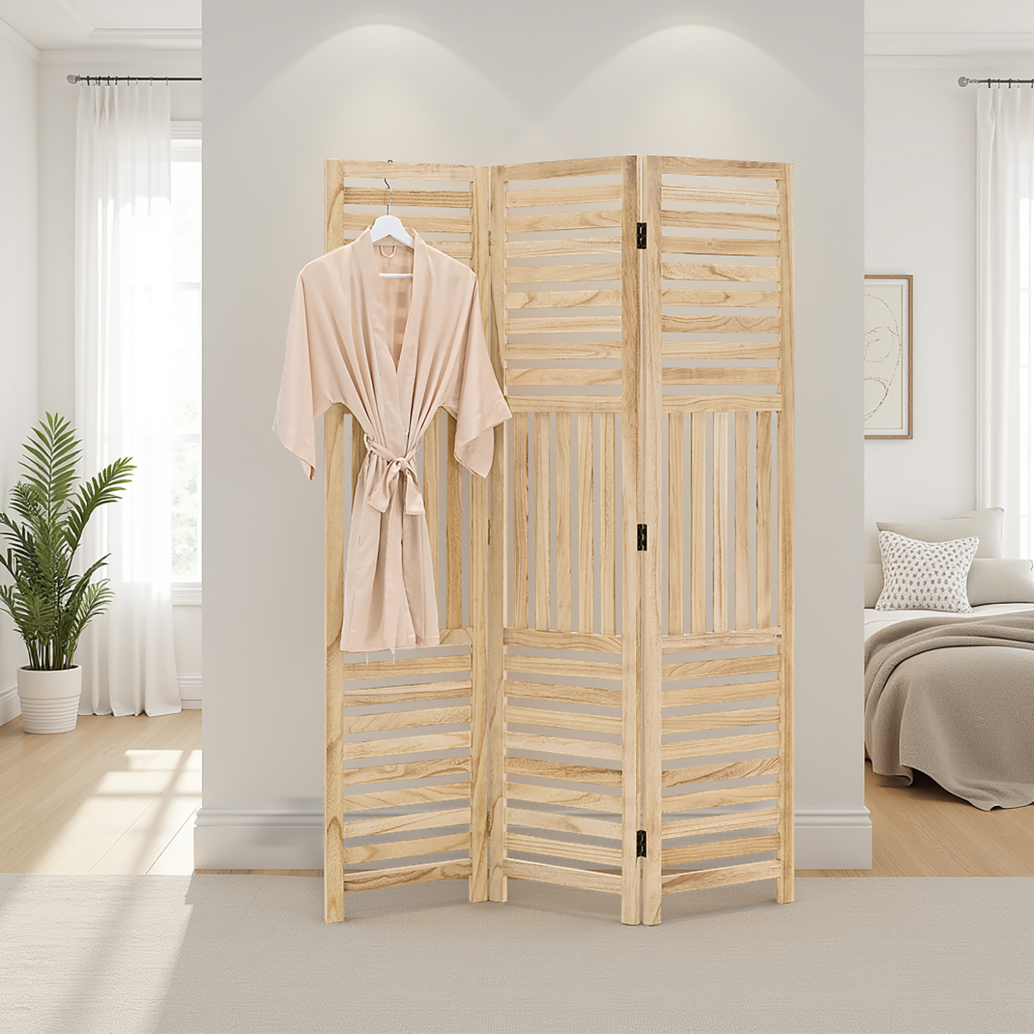 Paravent Natural Wooden Slats | 3-panel | Wood | Room Divider Partition Privacy Screen