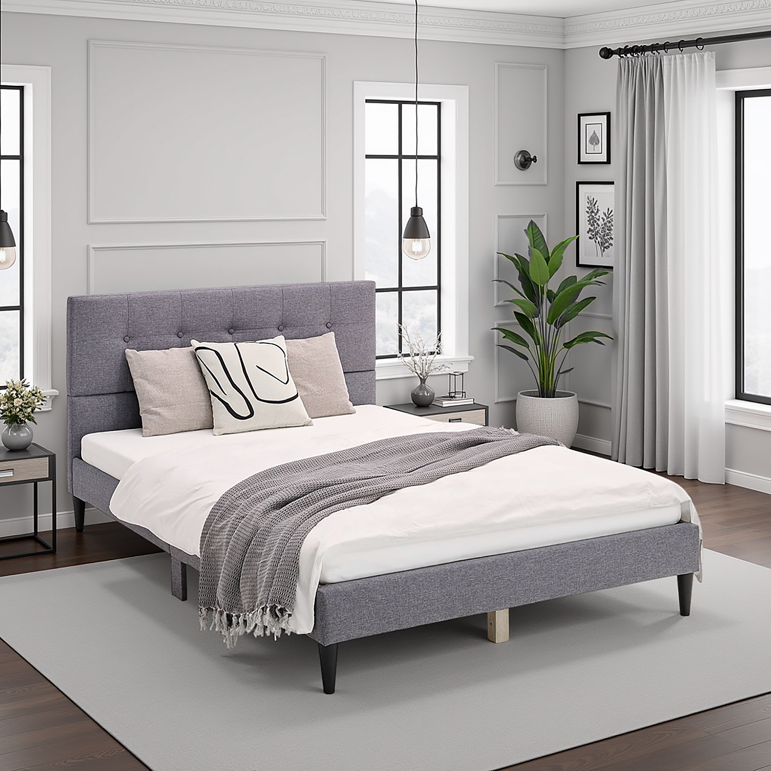 Upholstered Bed 140x200 cm Gray with Slatted Base & Mattress – Modern Fabric Bed for Restful Sleep