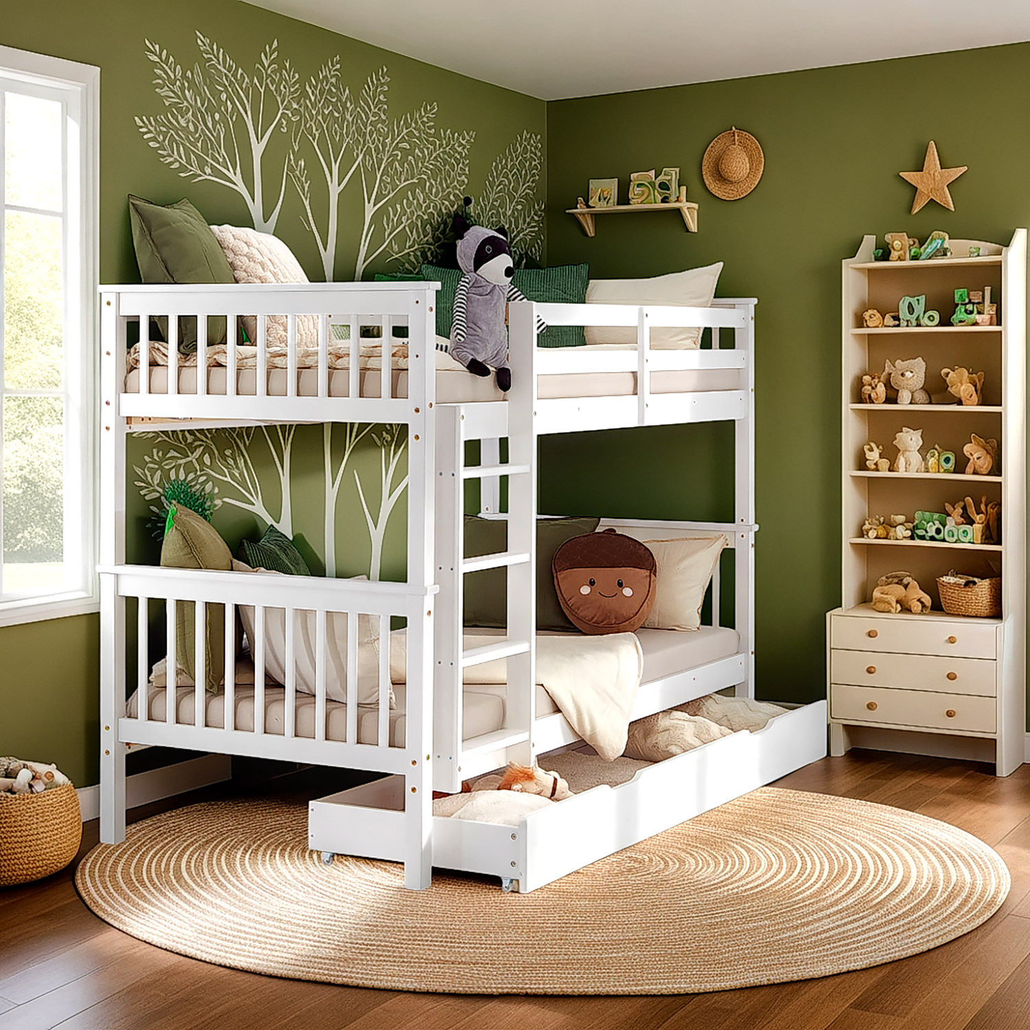 Bunk Bed 90x200 cm White | Kids Bed with Mattress | Storage | Fall Protection | Convertible | Massif pine wood