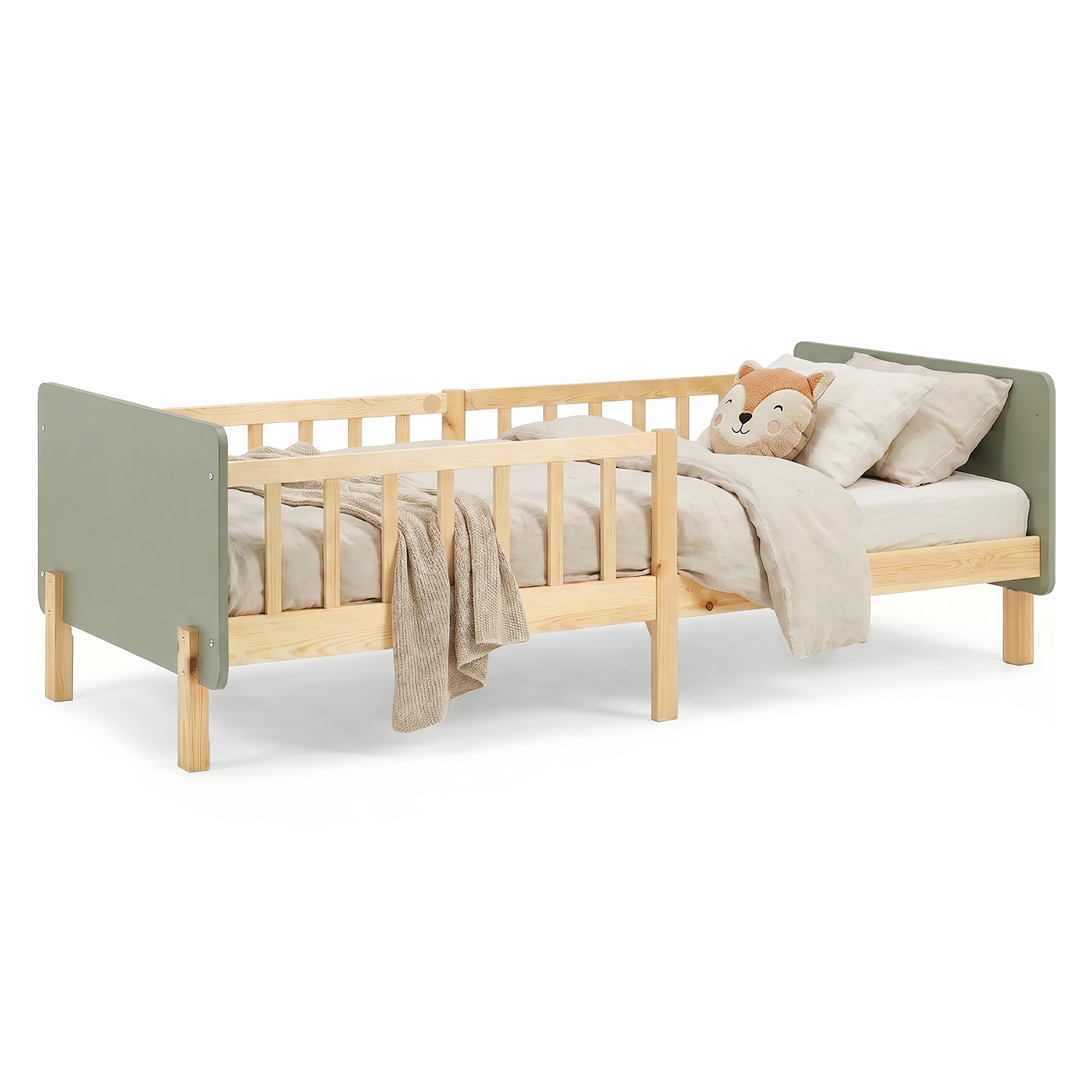 Single bed 90x200 cm White Green Red Wooden Bed frame Toddler bed with safety rail Kids bed Childrens bed Mattress Slatted frame