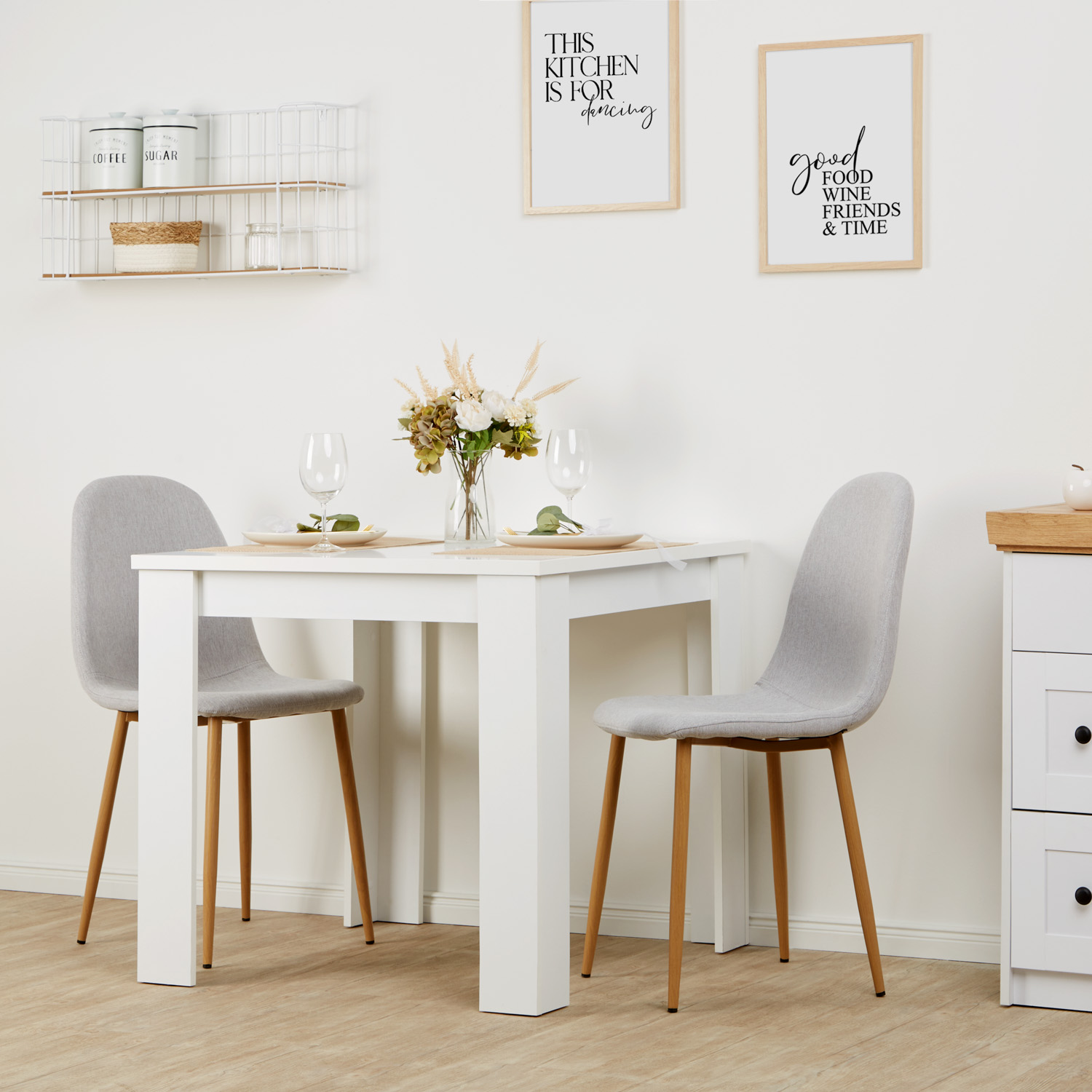 Dining set | 2-piece set upholstered chairs Lichtgrau without armrest | dining table white 80 x 80 cm