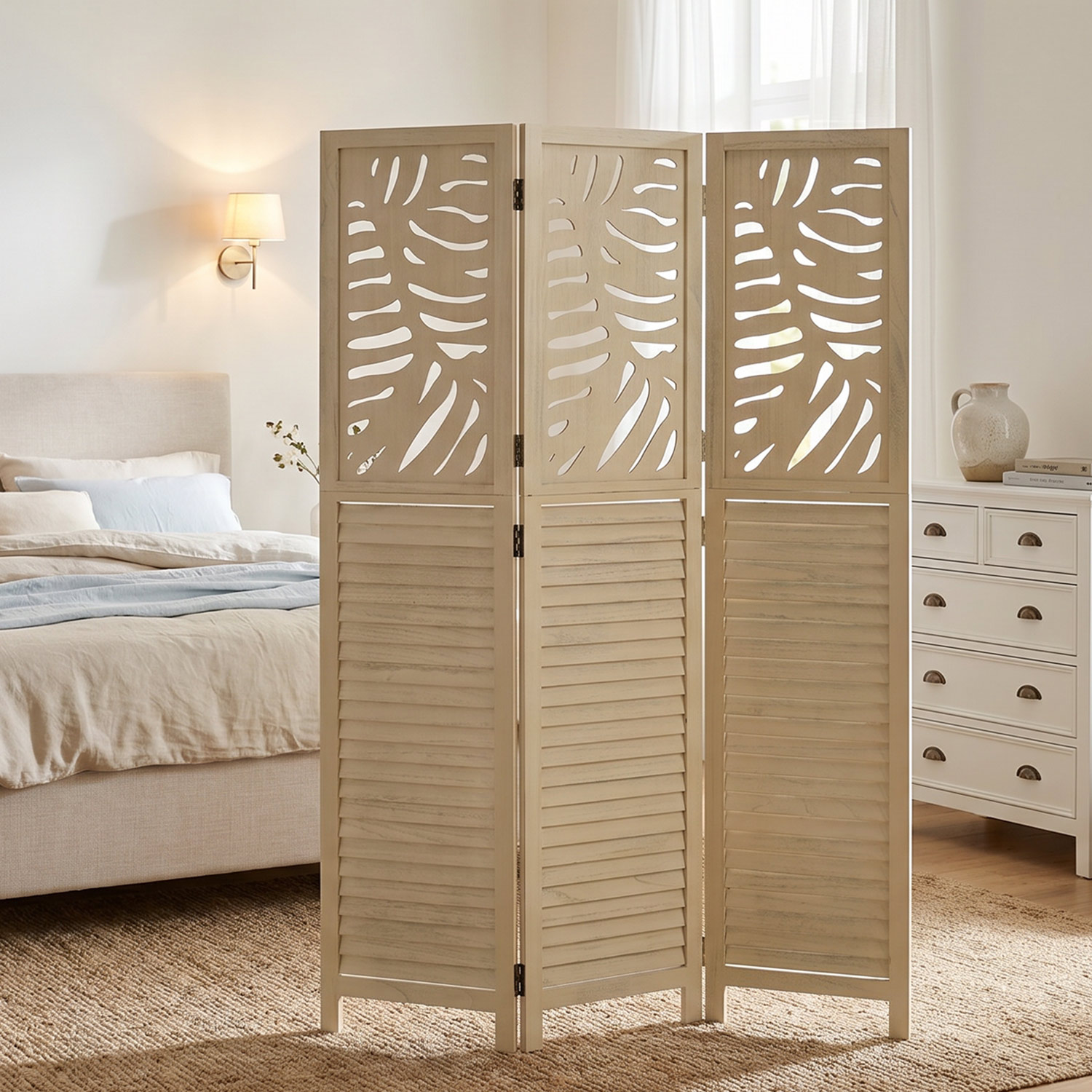 3-Panel "Natur" Folding Screen – Wooden Room Divider with Rattan Look & Pattern