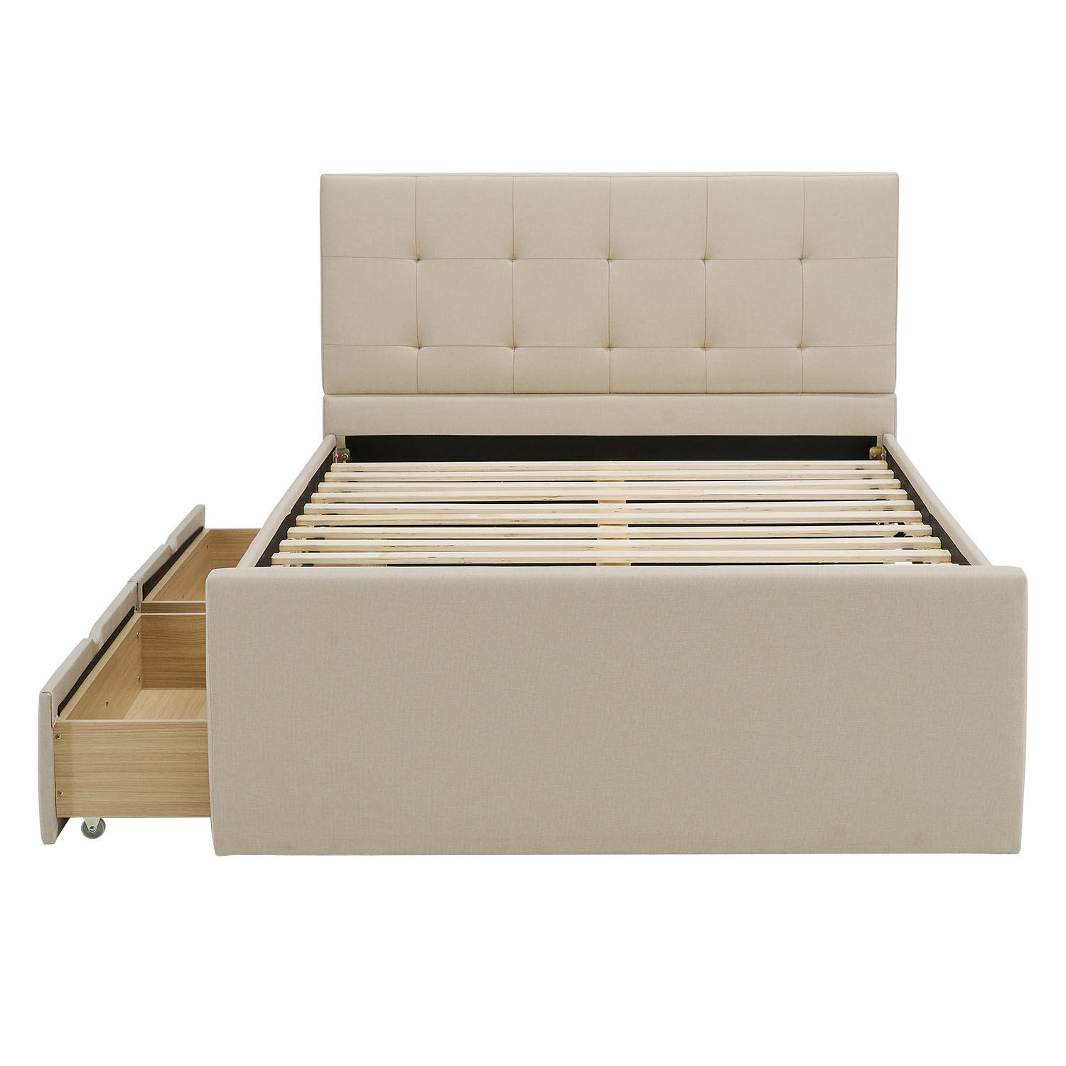 Upholstered bed 140x200 cm beige | with slatted frame | with 2 bed drawers | double fabric bed frame