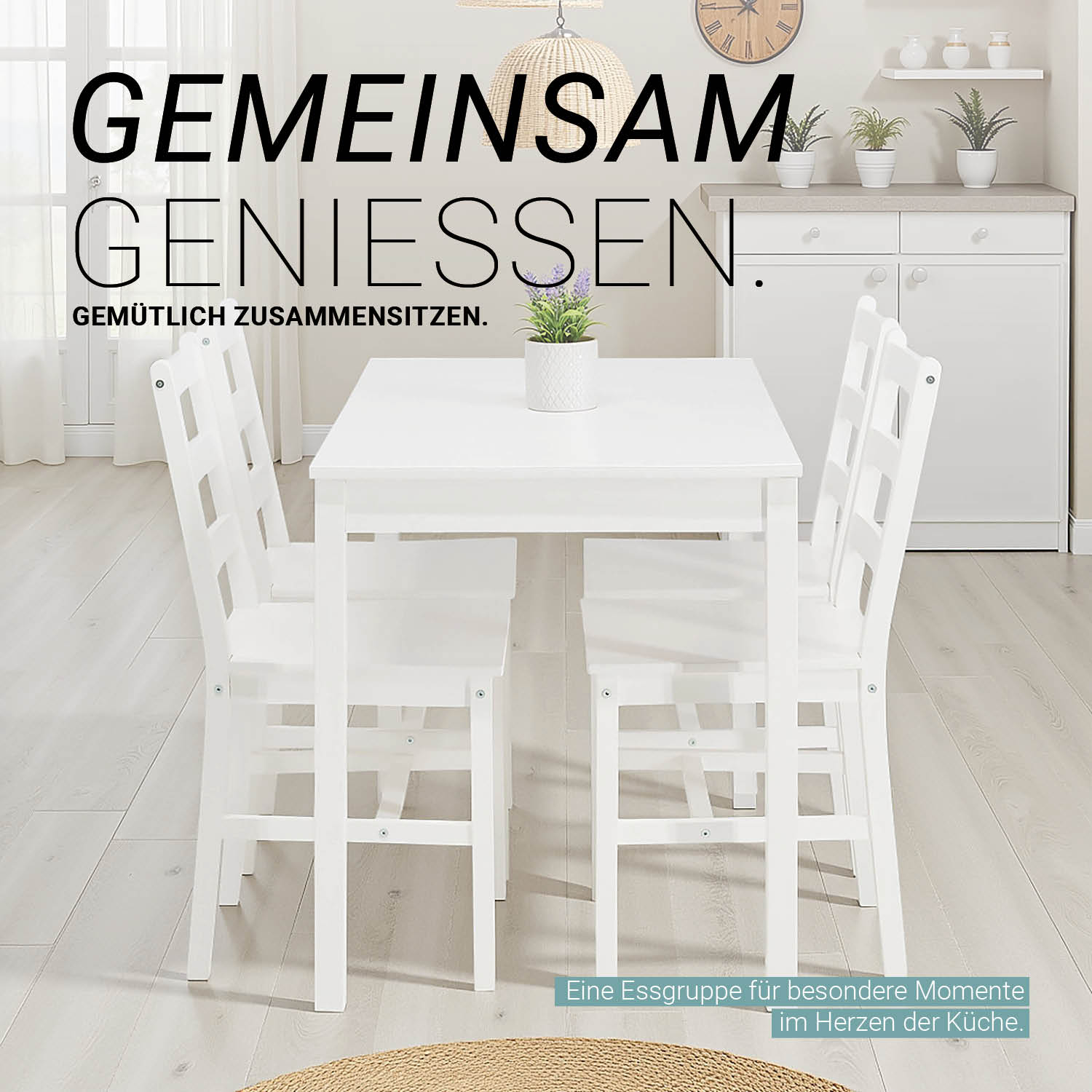 Dining set | 4-piece set chairs white | country style | wooden dining table 108 x 65 cm