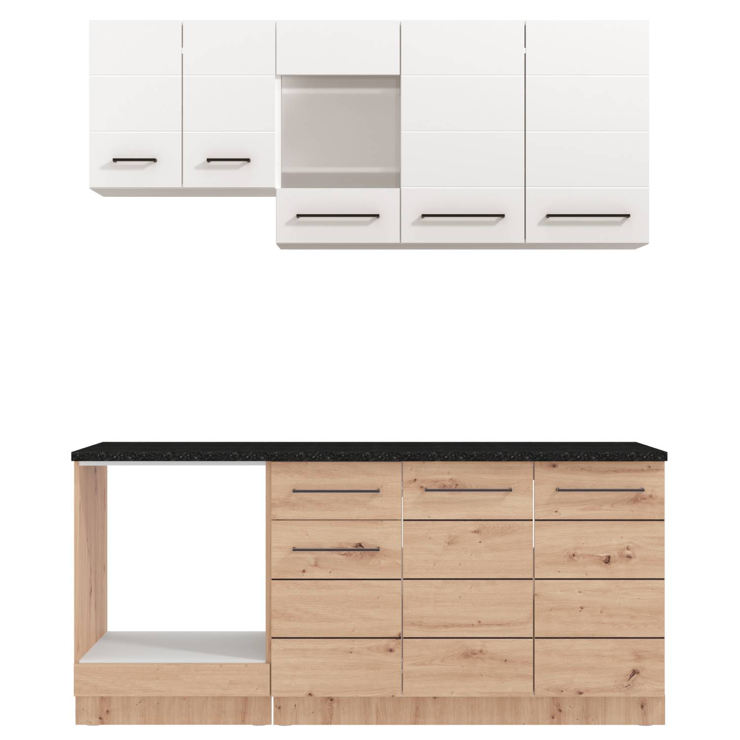 180 cm kitchen unit (without appliances) | High-gloss white & oak | Modern studio kitchen with upper and lower cabinets