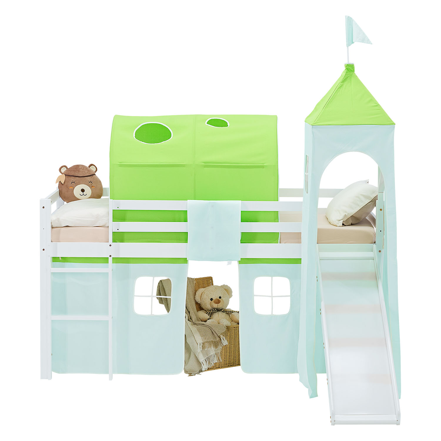 Loft Bed for Kids 90x200 cm White with Curtain in Green | Slide | Tower | Tunnel | with Slatted Frame and Mattress