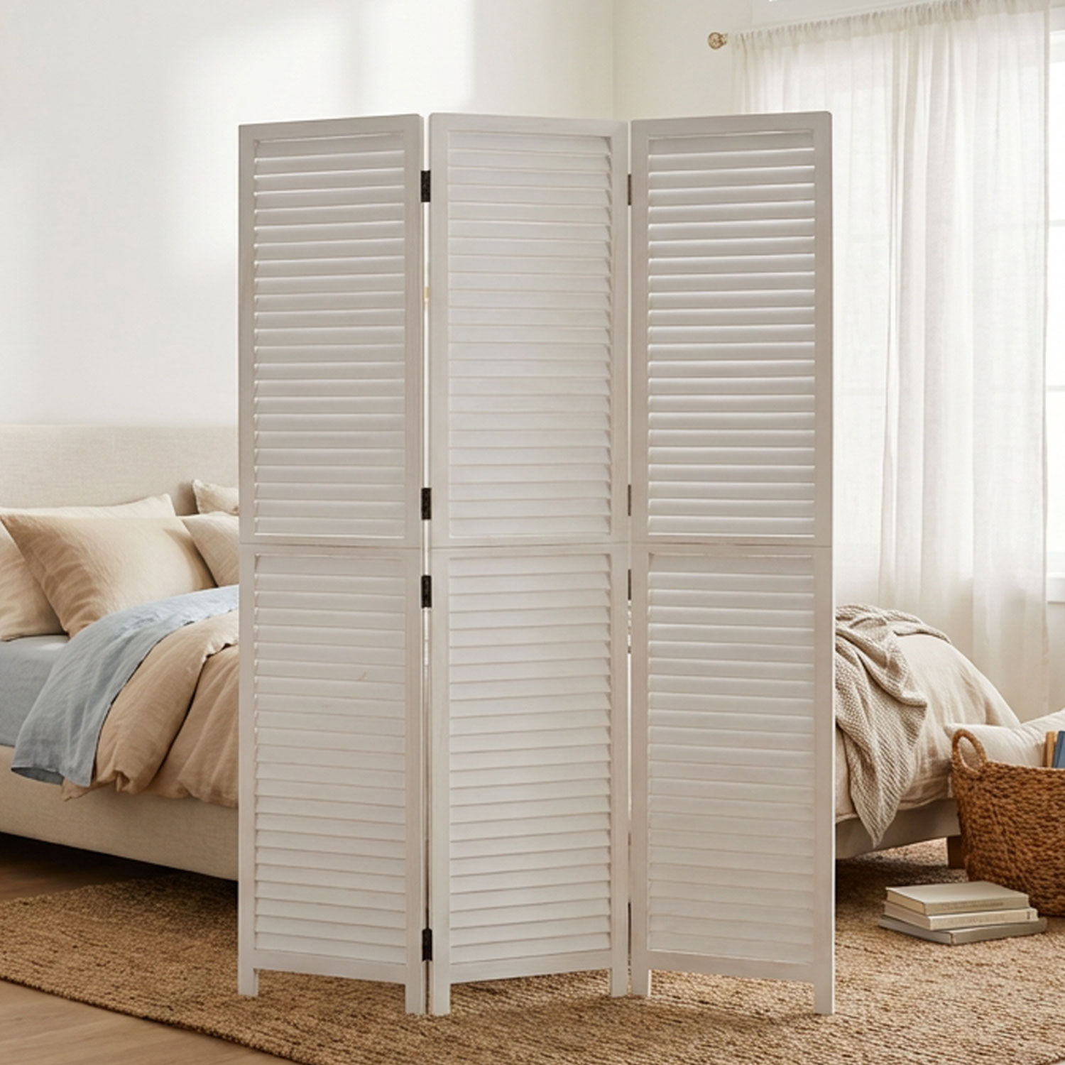 Paravent White Wooden Slats | 3-panel | Wood | Room Divider Partition Privacy Screen