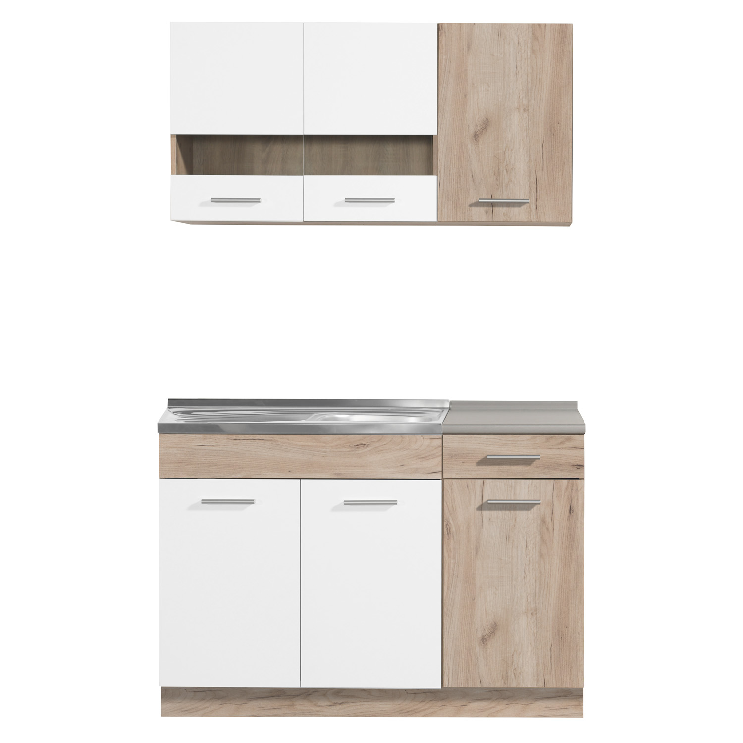 120 cm kitchen unit (without appliances or sink) – White & Oak – Light-colored mini kitchen
