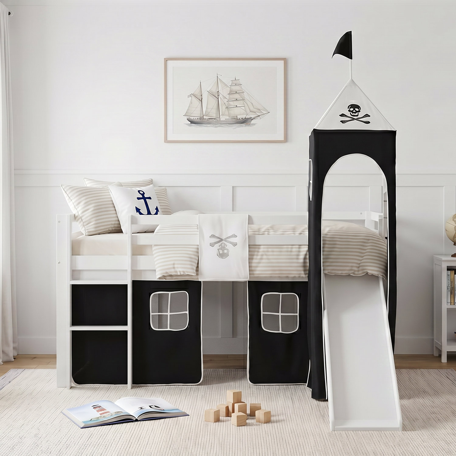 Children's Loft Bed 90x200 cm White with Black Curtain | Tower | Slide | With Slatted Base | For Boys | Pirate