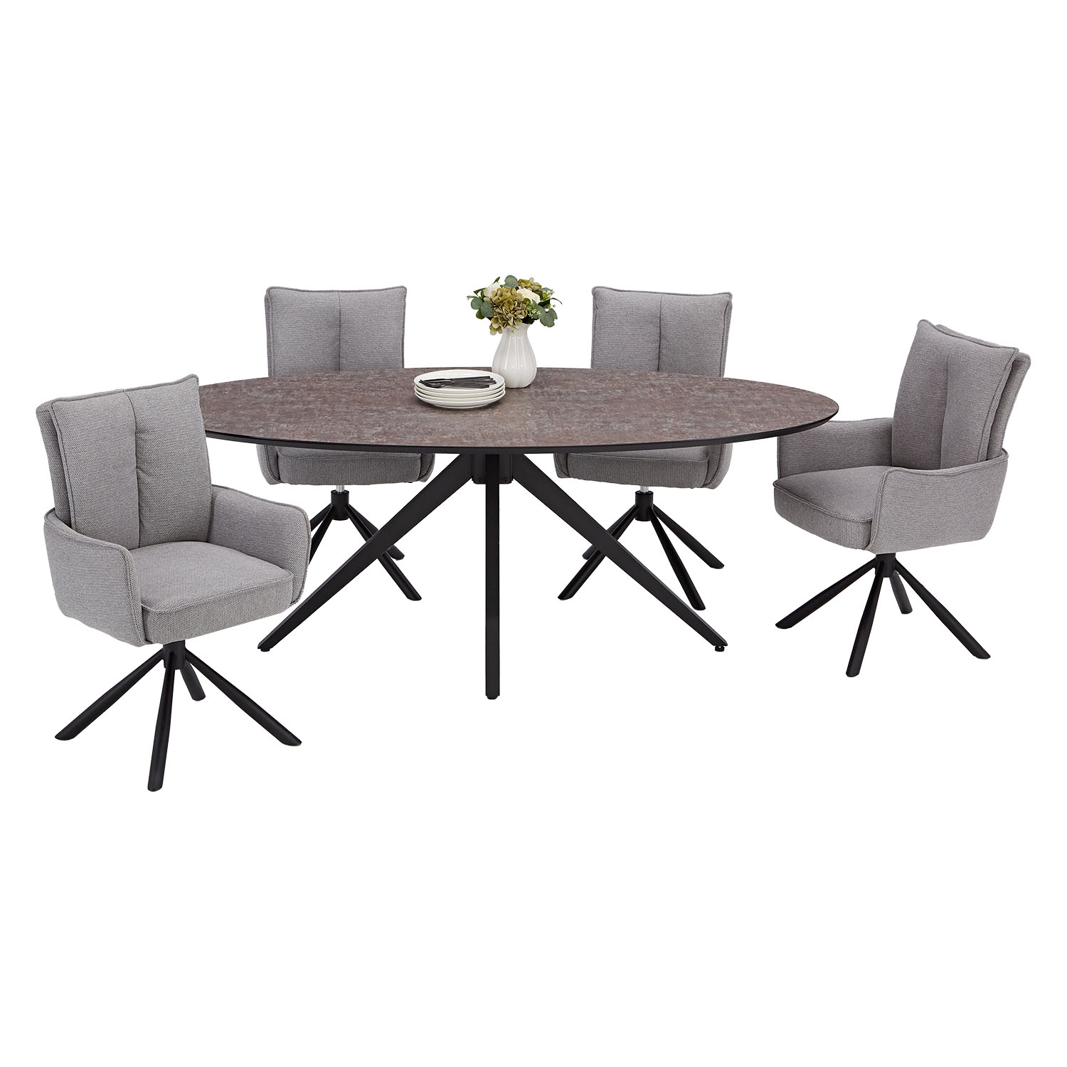 Dining set | 4-piece set upholstered chairs grey with armrest | swivel | dining table brown metal frame oval 200 cm
