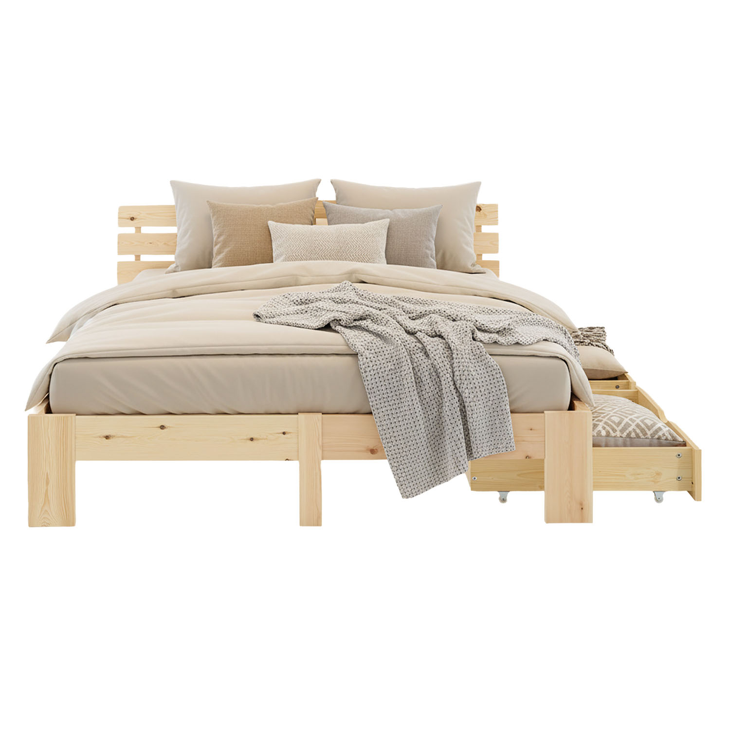 Wood Bed 160x200 cm Natural | Double Bed | with 2 Drawers | Solid | Kids Youth Guest Bedroom