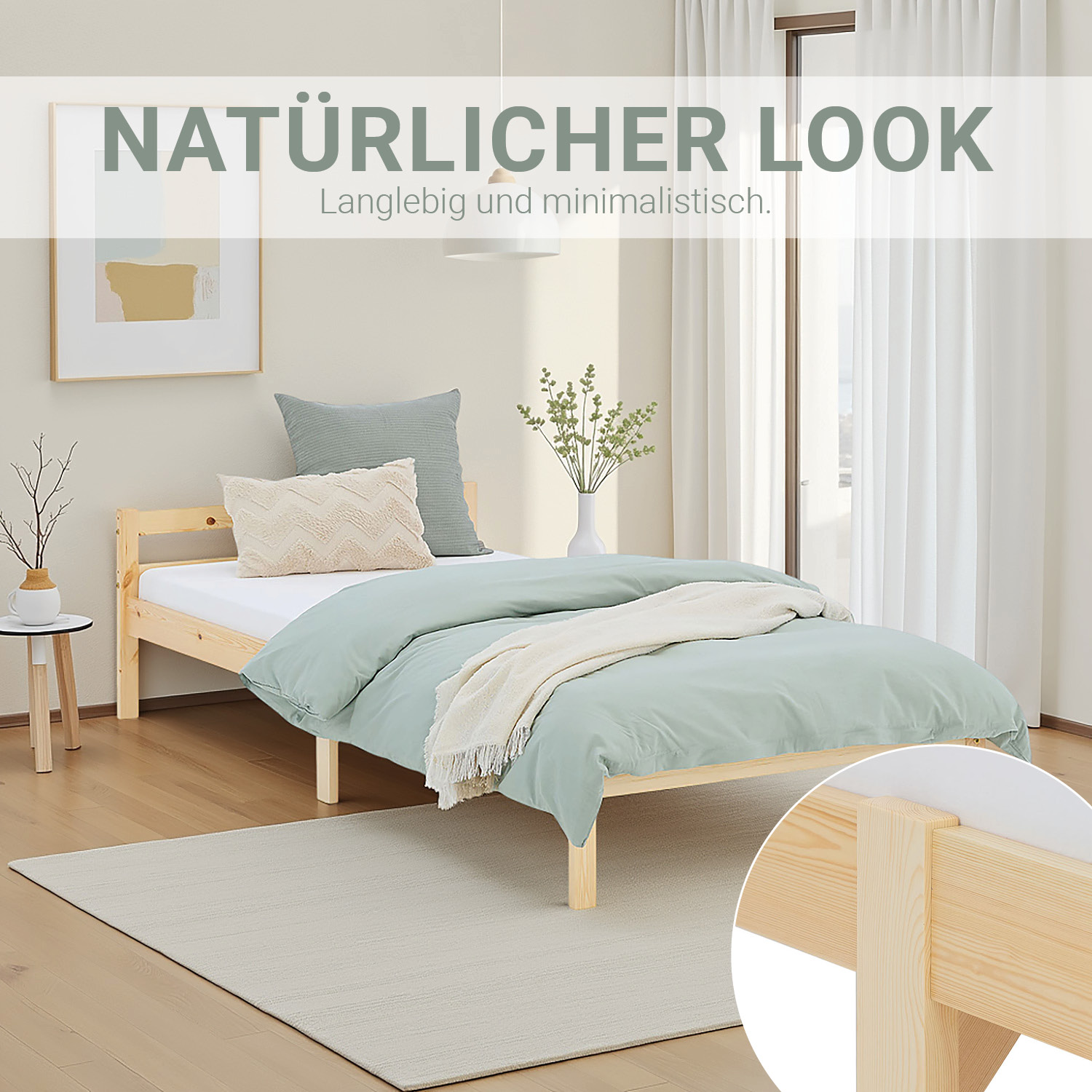 Wooden Bed 90x200 cm Natural – Solid Wood Single Bed with Slatted Base for Teenagers' Rooms, Guest Rooms, and Bedrooms