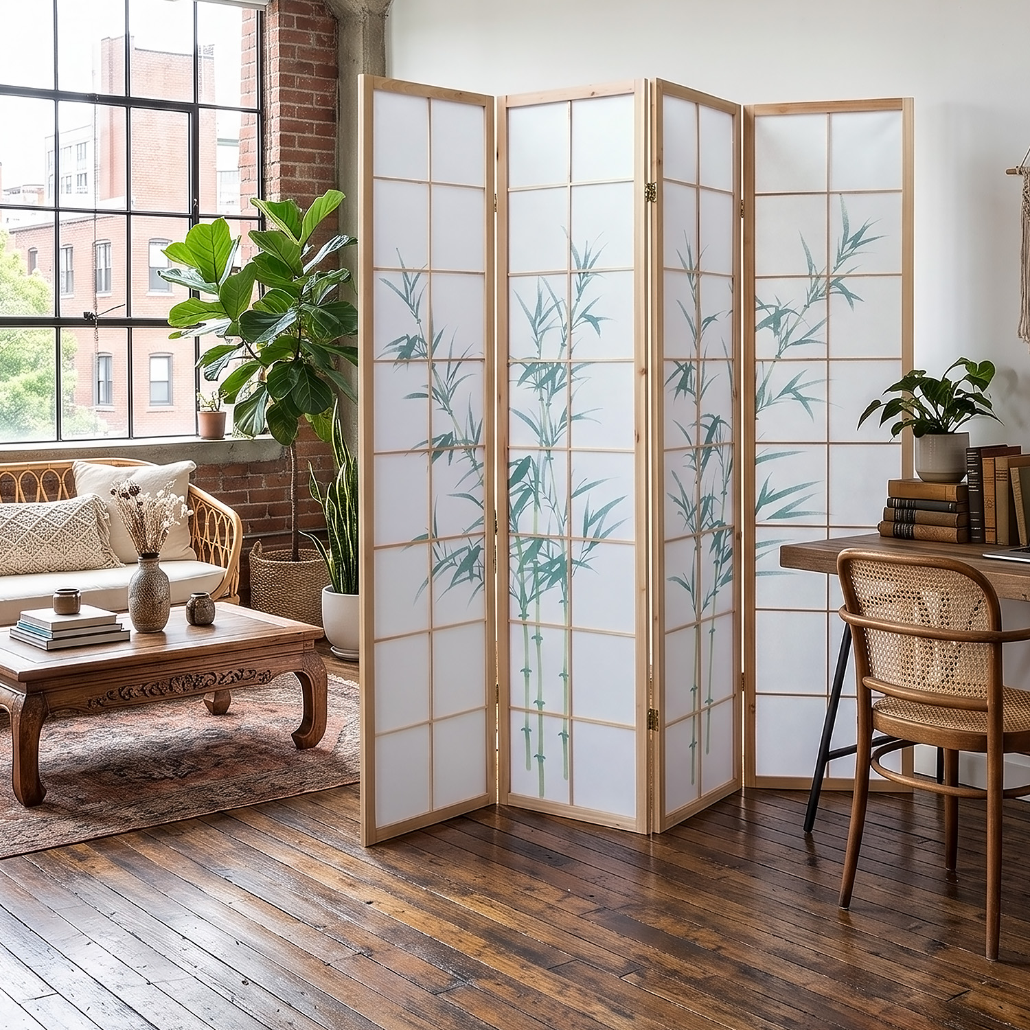 4-Panel "Nature" Screen – Wooden Room Divider with Bamboo Pattern & Rice Paper