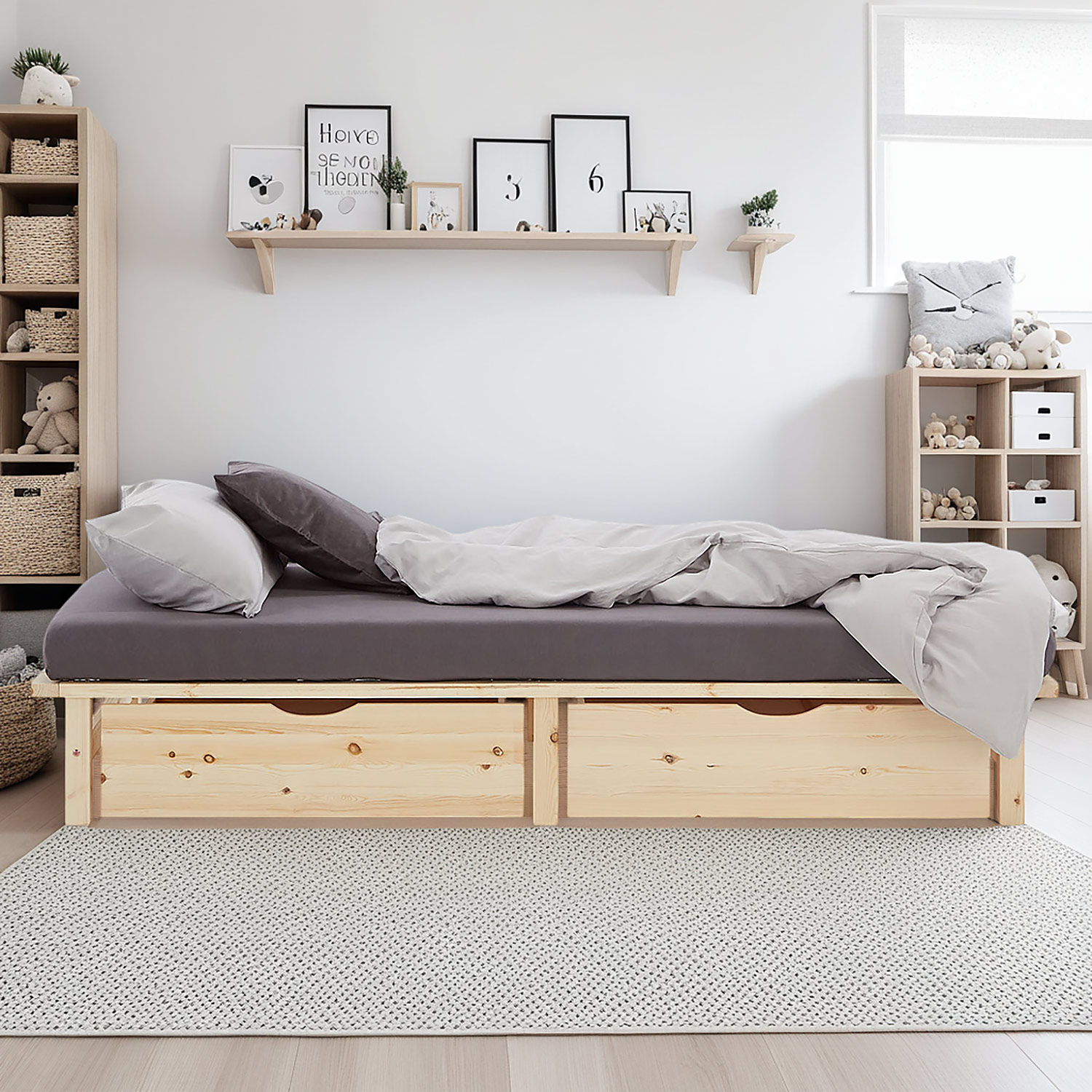 Pallet Bed 100x200 cm Natural | Single Bed with Storage Drawers | with Slatted Frame | Wood | Kids Youth Guest Bedroom