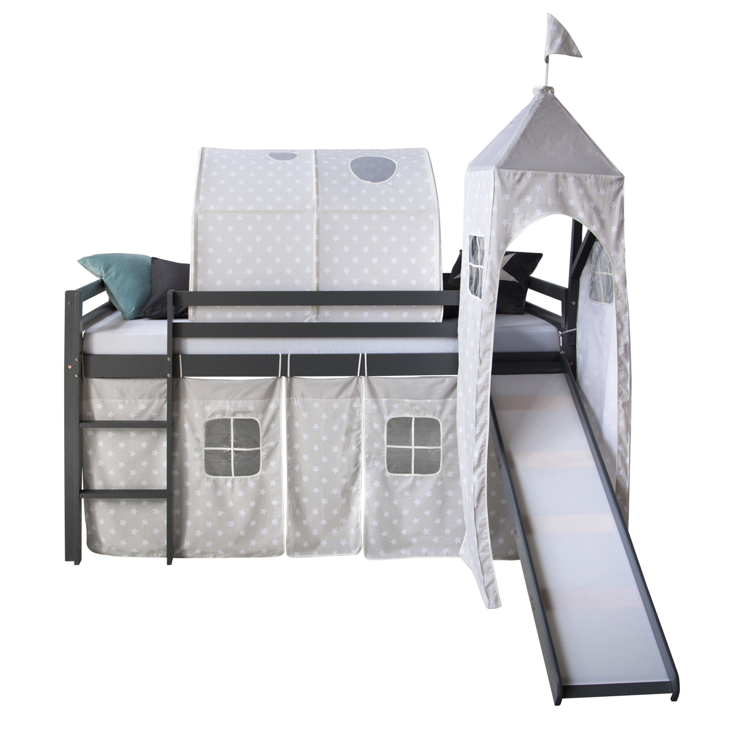 Loft Bed Kids 90x200 cm Gray with Curtain Stars | Tunnel | Tower | Slide | with Slatted Frame