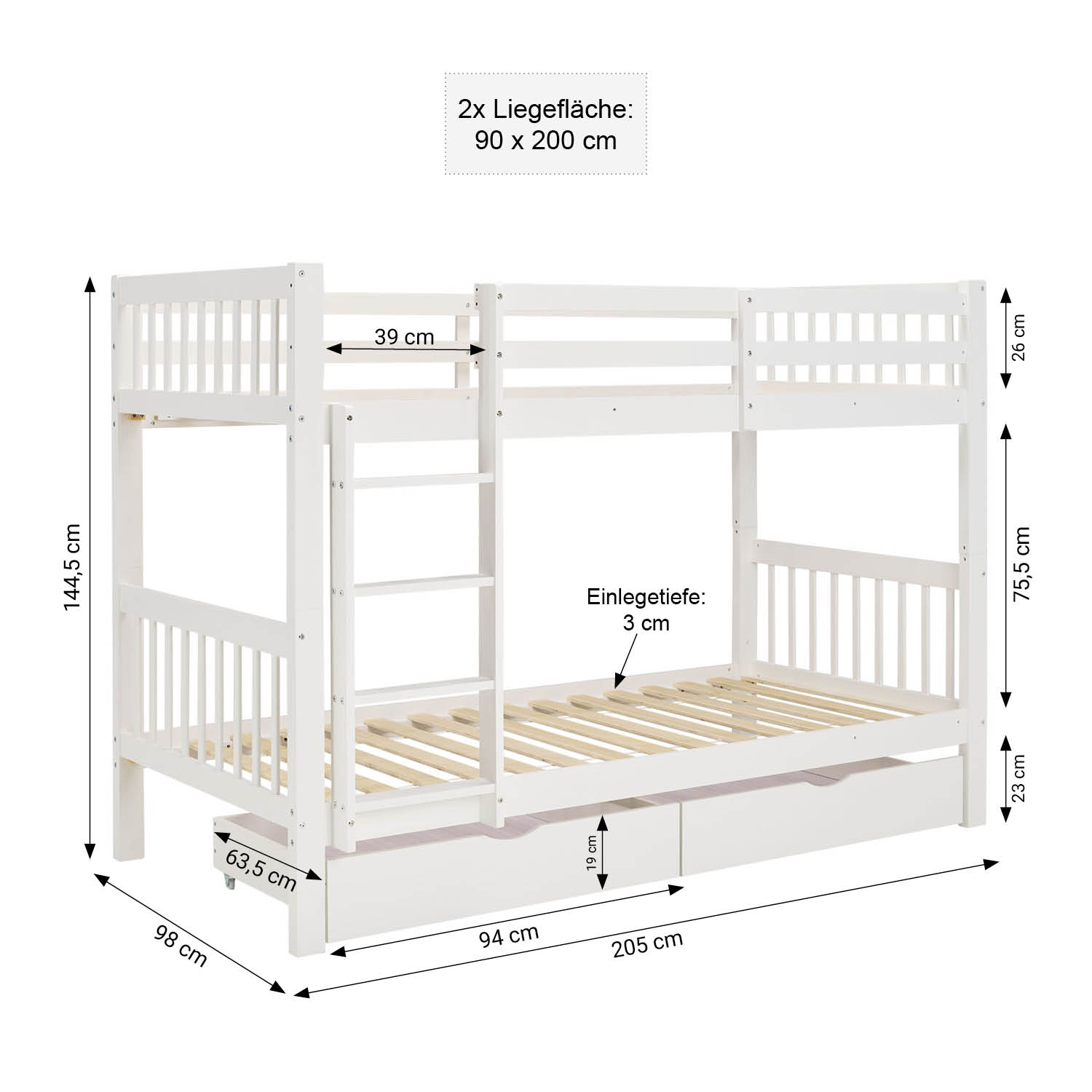 White Bunk Bed 90x200 cm | Children’s Bed with 2 Underbed Drawers | Safety Guard | Convertible | Solid Wood