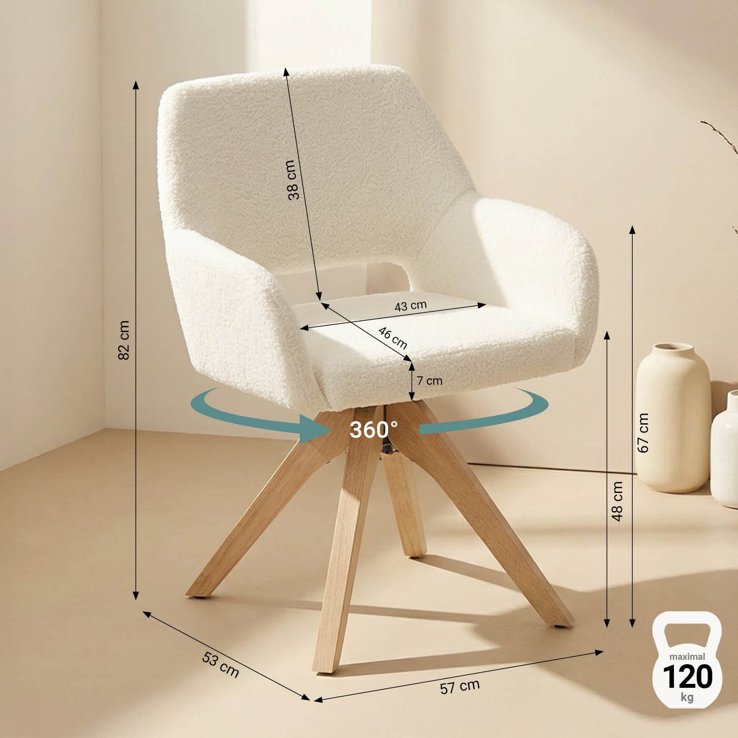 Upholstered Chair Teddy Fabric White | Set of 6 | swivel | with Armrests | Kitchen Dining Room Office