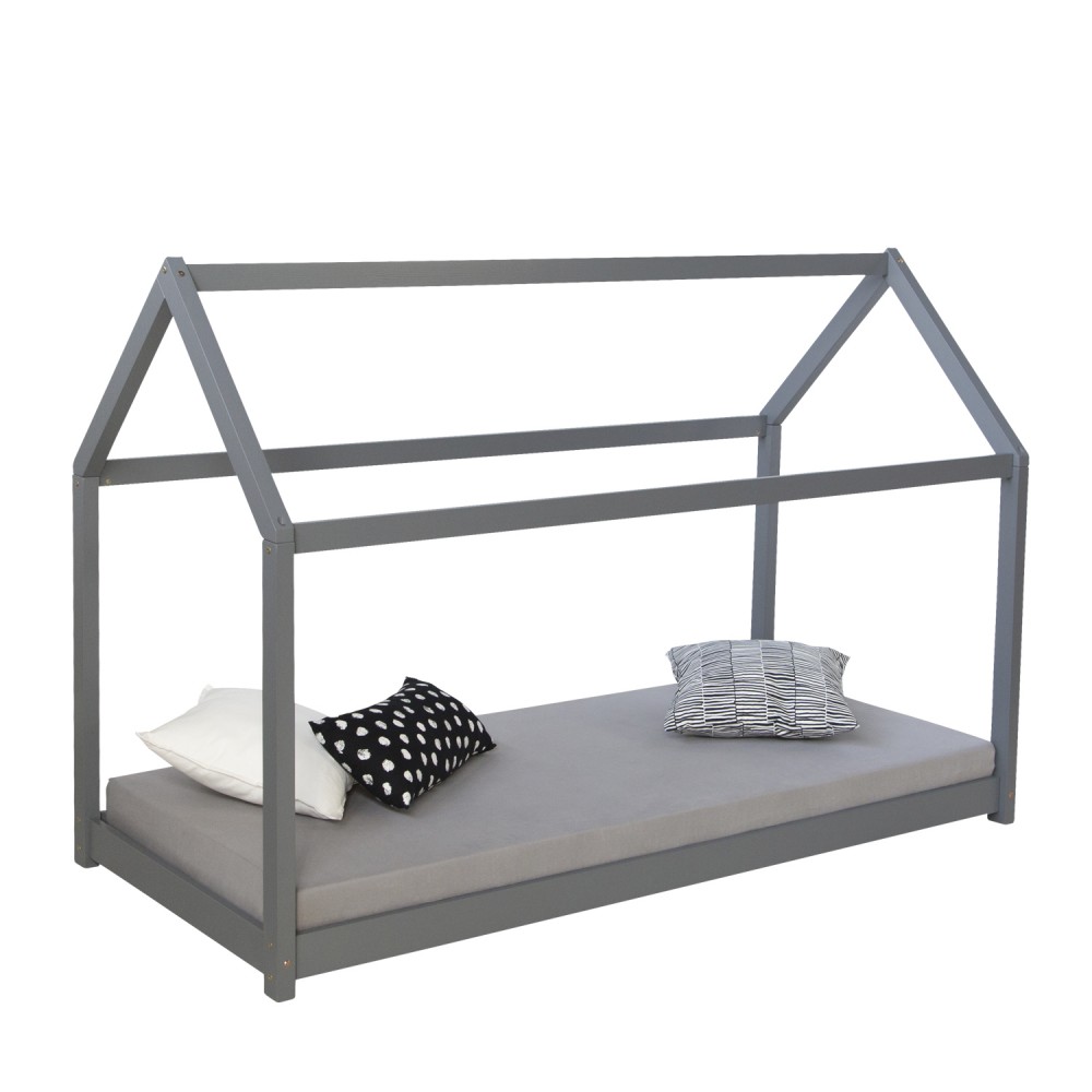 Children's Bed 90x200 cm Gray | House Bed | Single Bed | with Slatted Frame | Wood | Floor Bed