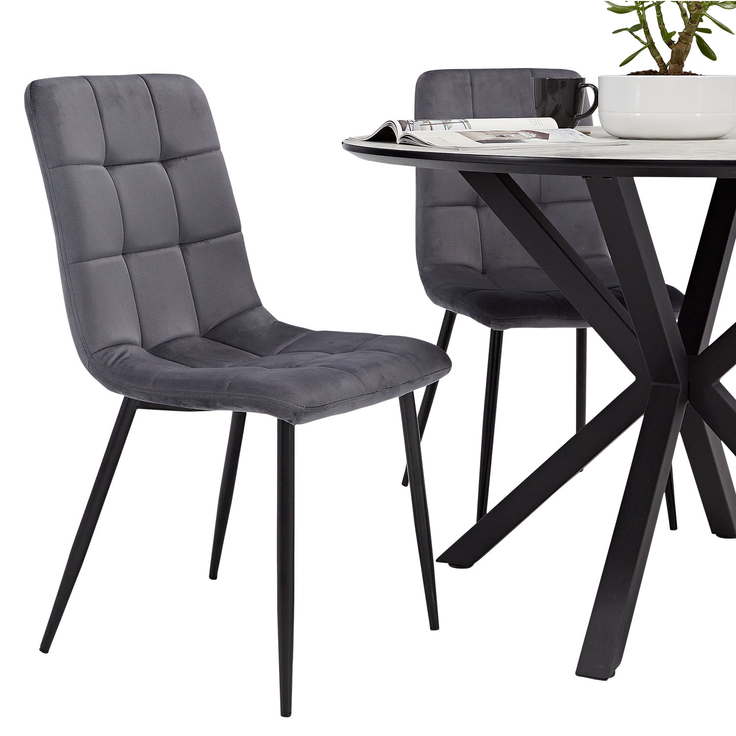 Dining set | 4-piece set upholstered chairs grey | dining table grey black metal frame round 110 cm