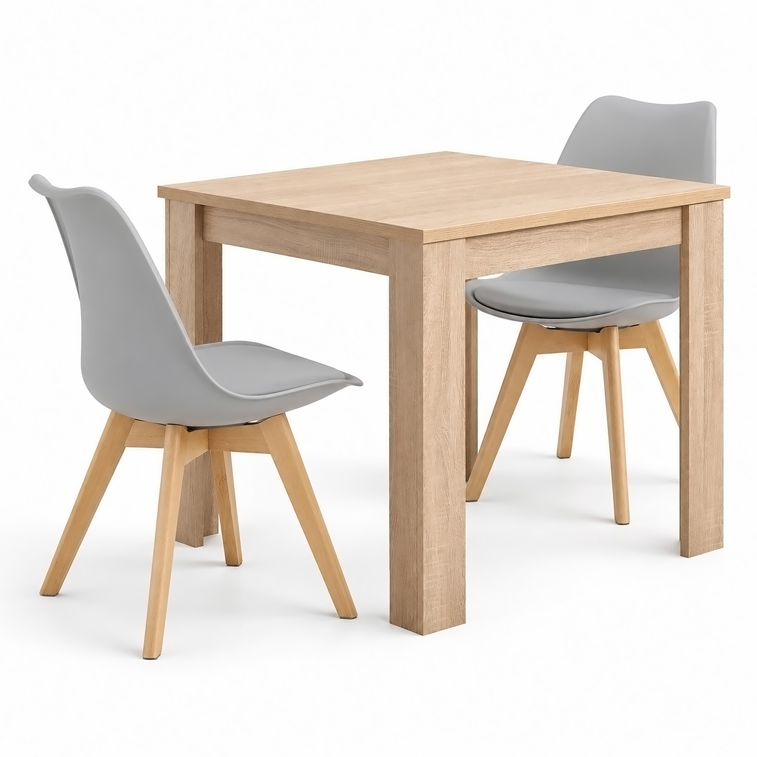 Dining Set (3-Piece): 80x80 cm oak dining table with 2 grey plastic chairs and wooden legs