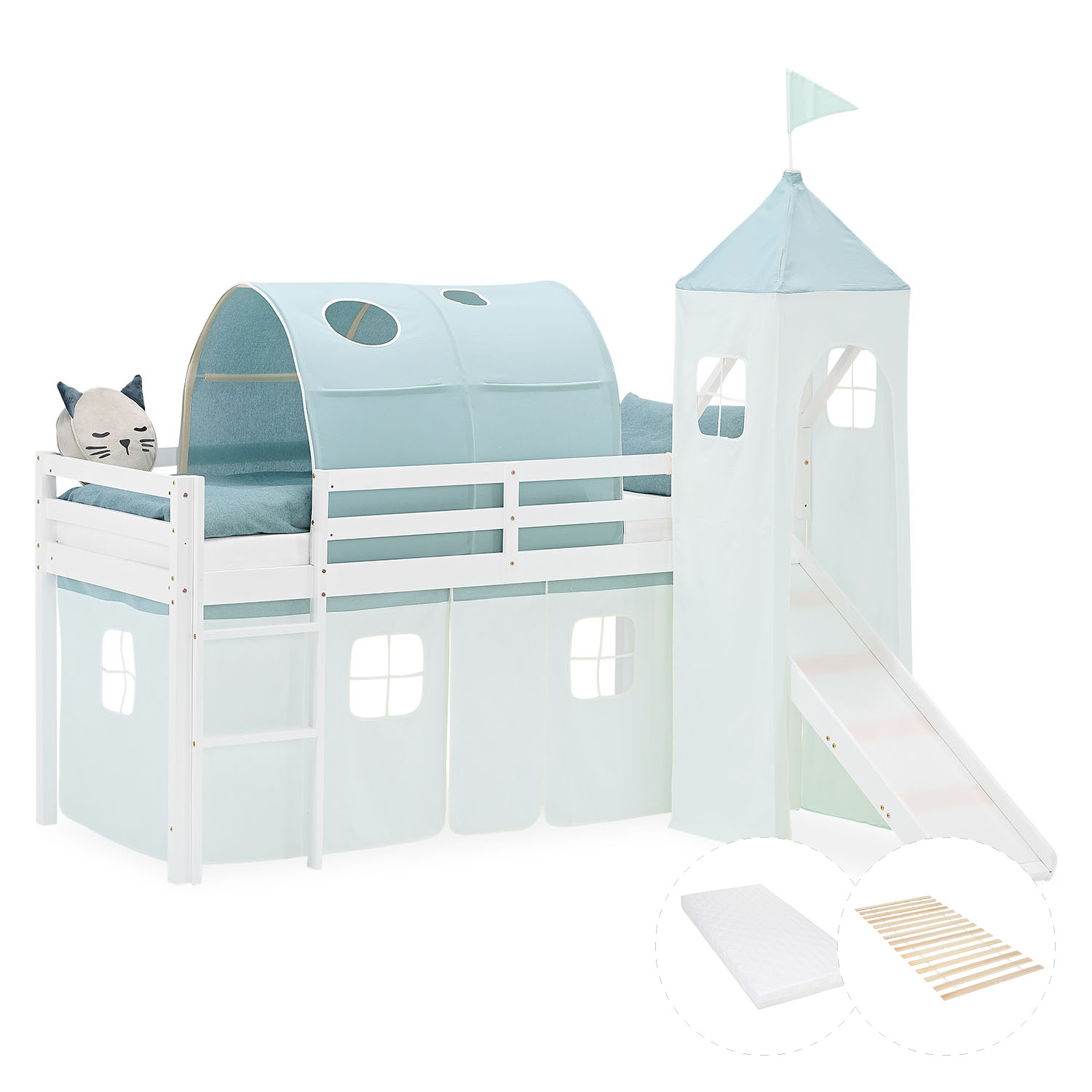 Loft Bed for Kids 90x200 cm White with Curtain in Mint Green | Slide | Tower | Tunnel | with Slatted Frame and Mattress