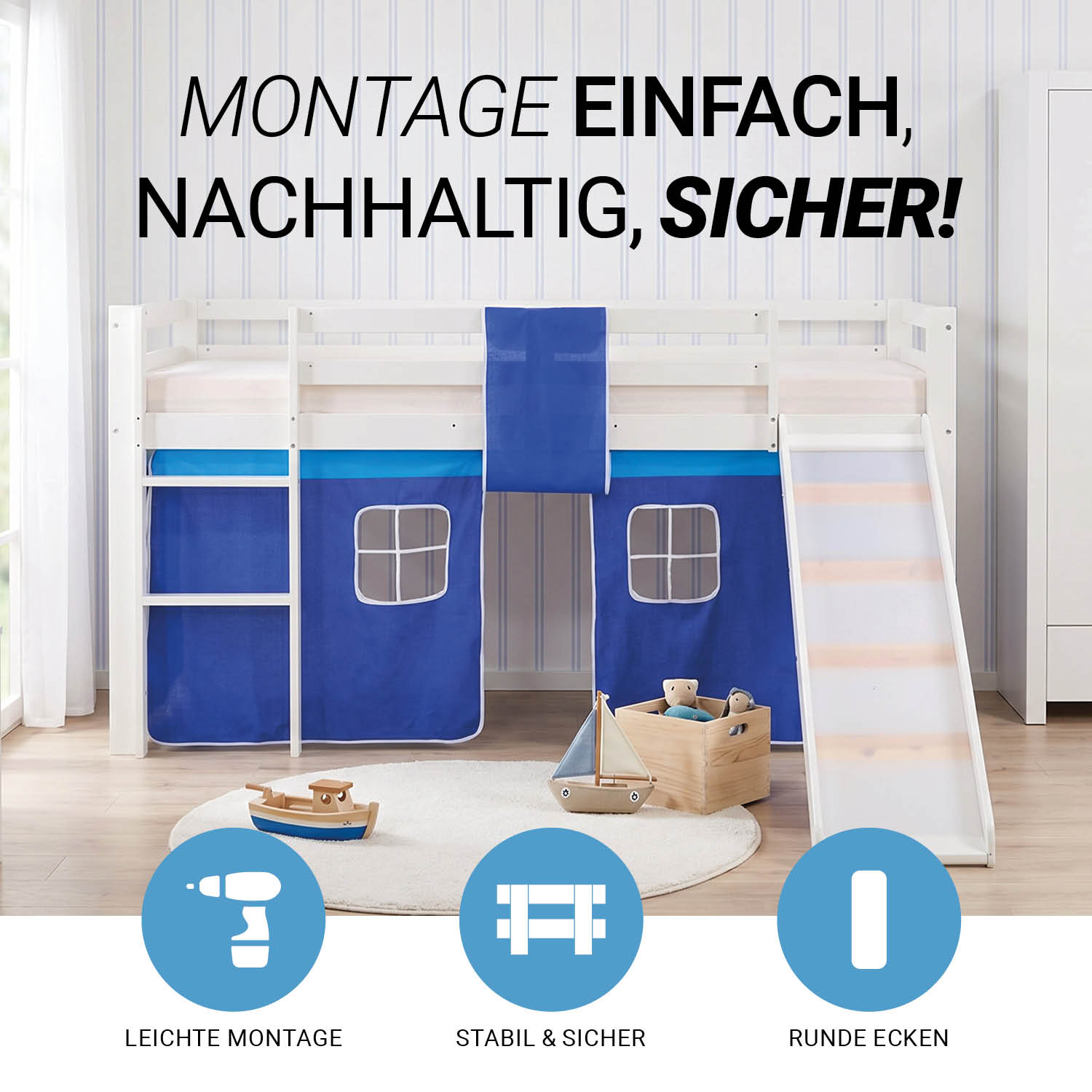 Children's Loft Bed 90x200 cm White with Blue Curtain | Slide | Includes Slatted Base | Includes Mattress