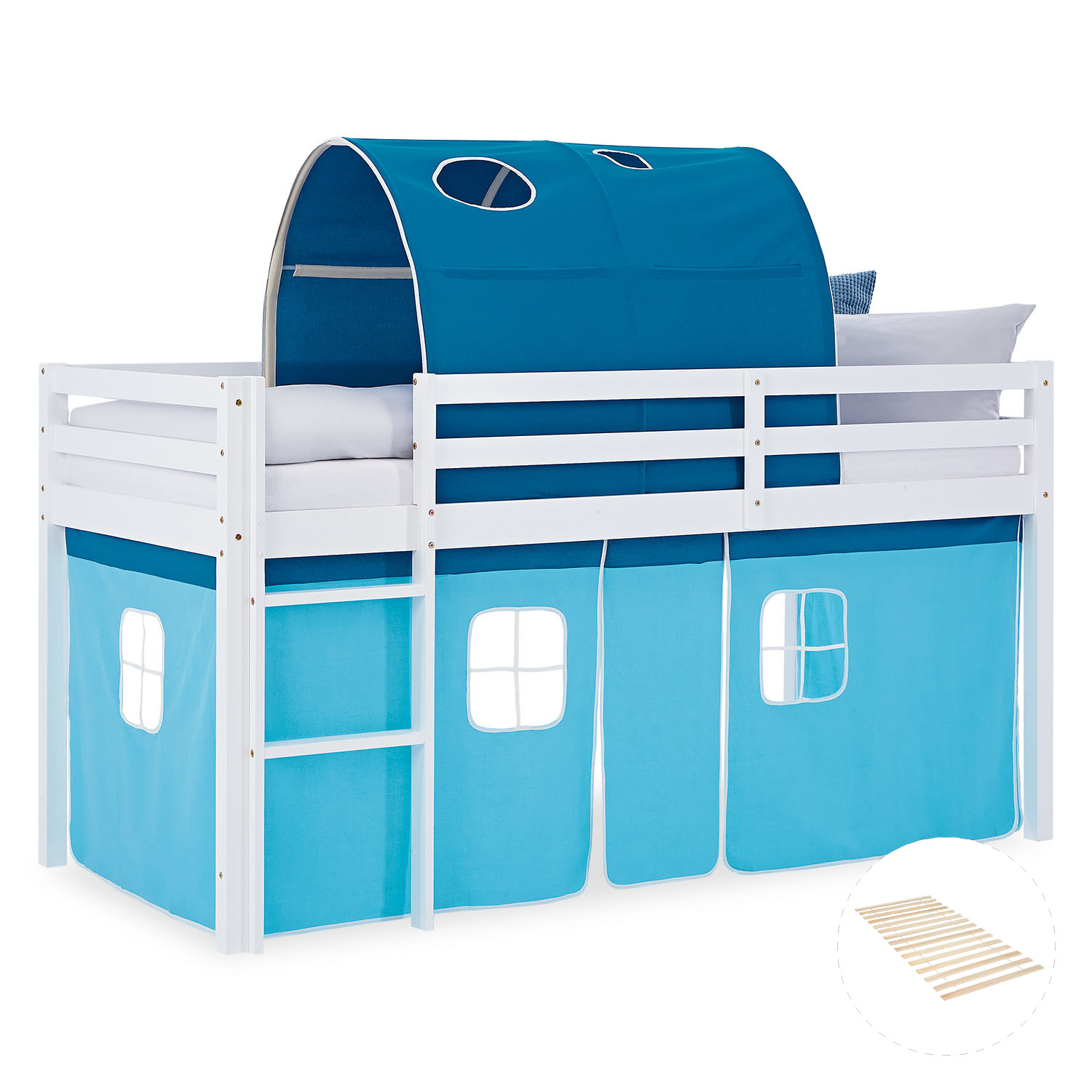 Kinderhochbett in Blau mit Elementen aus Kiefernholz, Lattenrost, Spieltunnel und Spielvorhang. Der Artikel ist freigestellt auf weißem Hintergrund abgebildet. Sichtbare Details sind eine Leiter, seitliche Schutzgitter, ein Spielvorhang unter dem Bett und