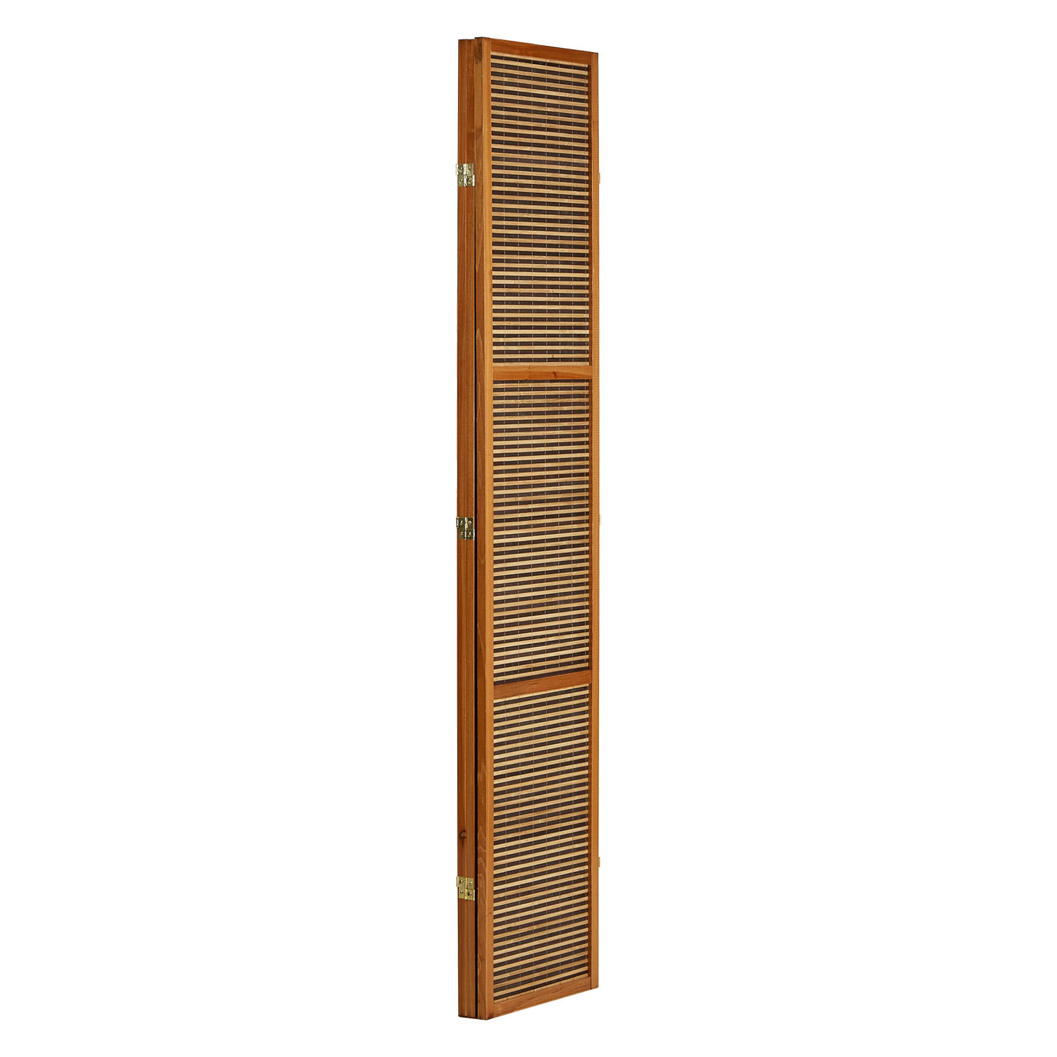 Brown 3-panel folding screen, 200 cm – Wooden room divider & privacy screen with slats
