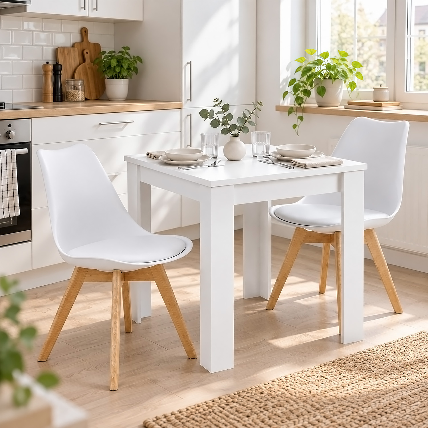 Dining Set (3-Piece): 80x80 cm white dining table with 2 plastic chairs and wooden legs