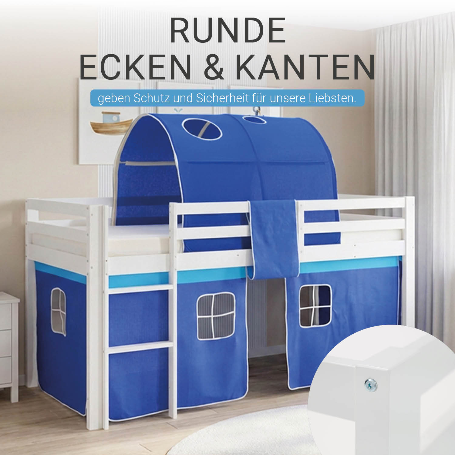 Children's Loft Bed 90x200 cm White with Blue Curtain | Tunnel | with Slatted Base | with Mattress
