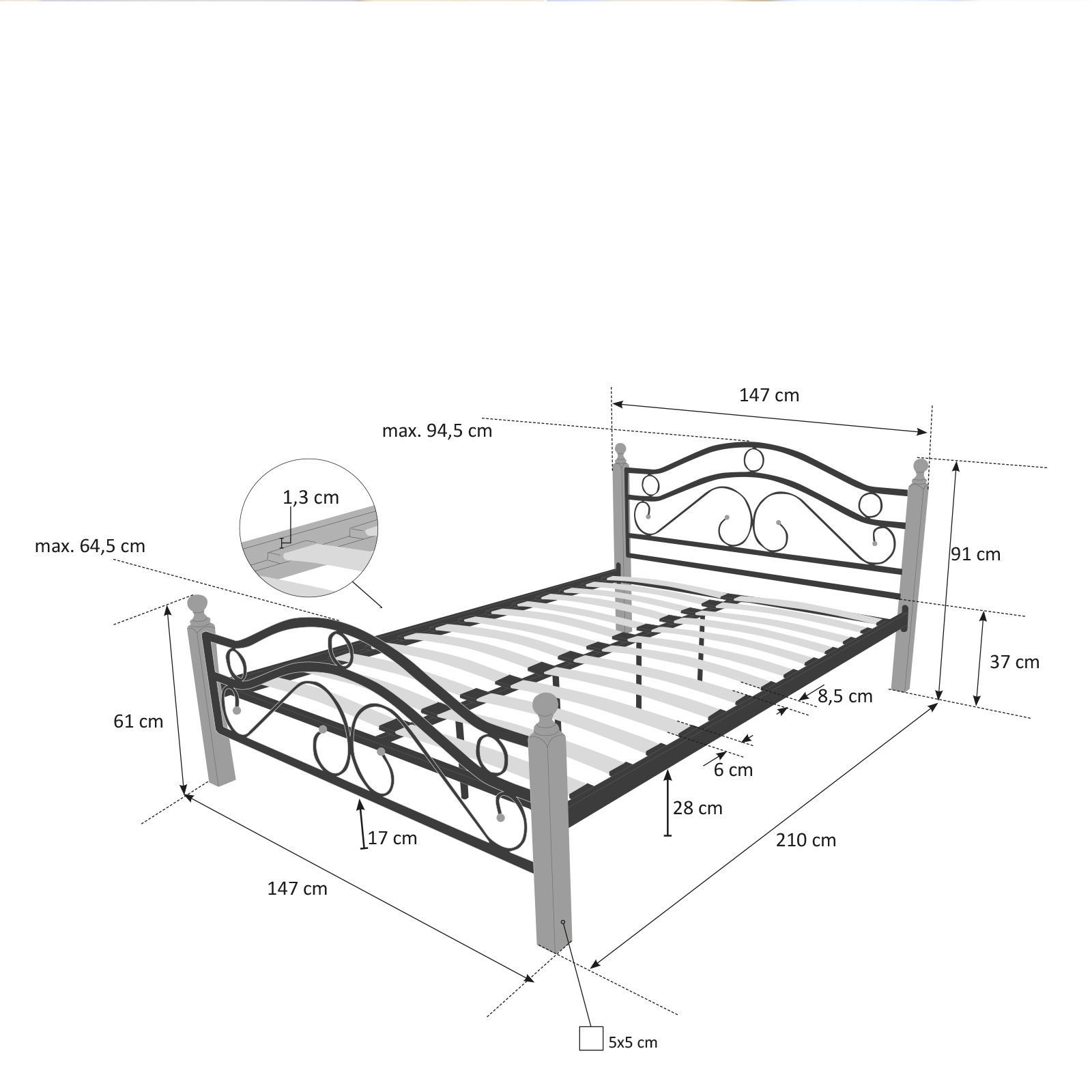 Metal Bed Iron Bed Double 140 x 200 Wood Slatted black natural bed frame 803