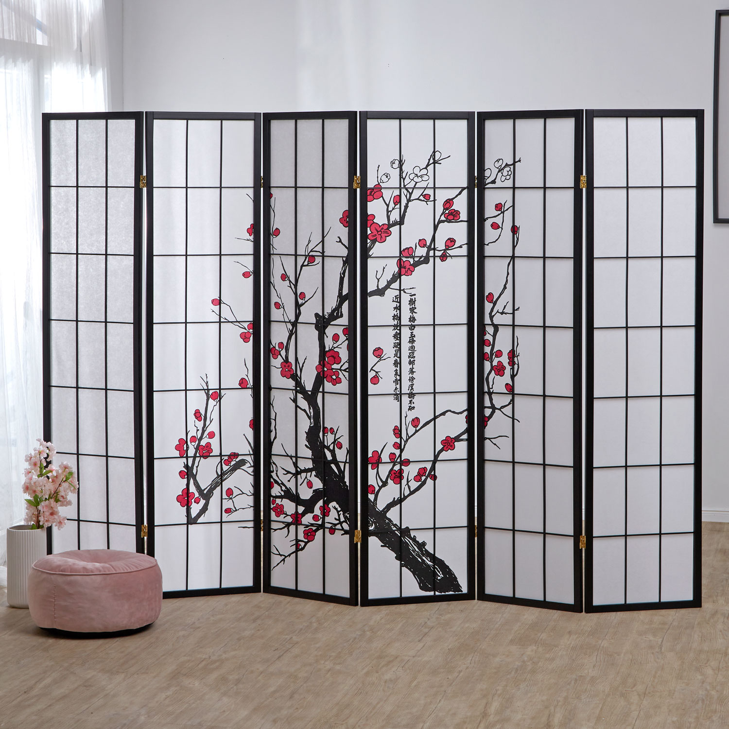 Paravent Black Cherry Pattern | Rice Paper White | 6-panel | Wood | Room Divider Partition Privacy Screen