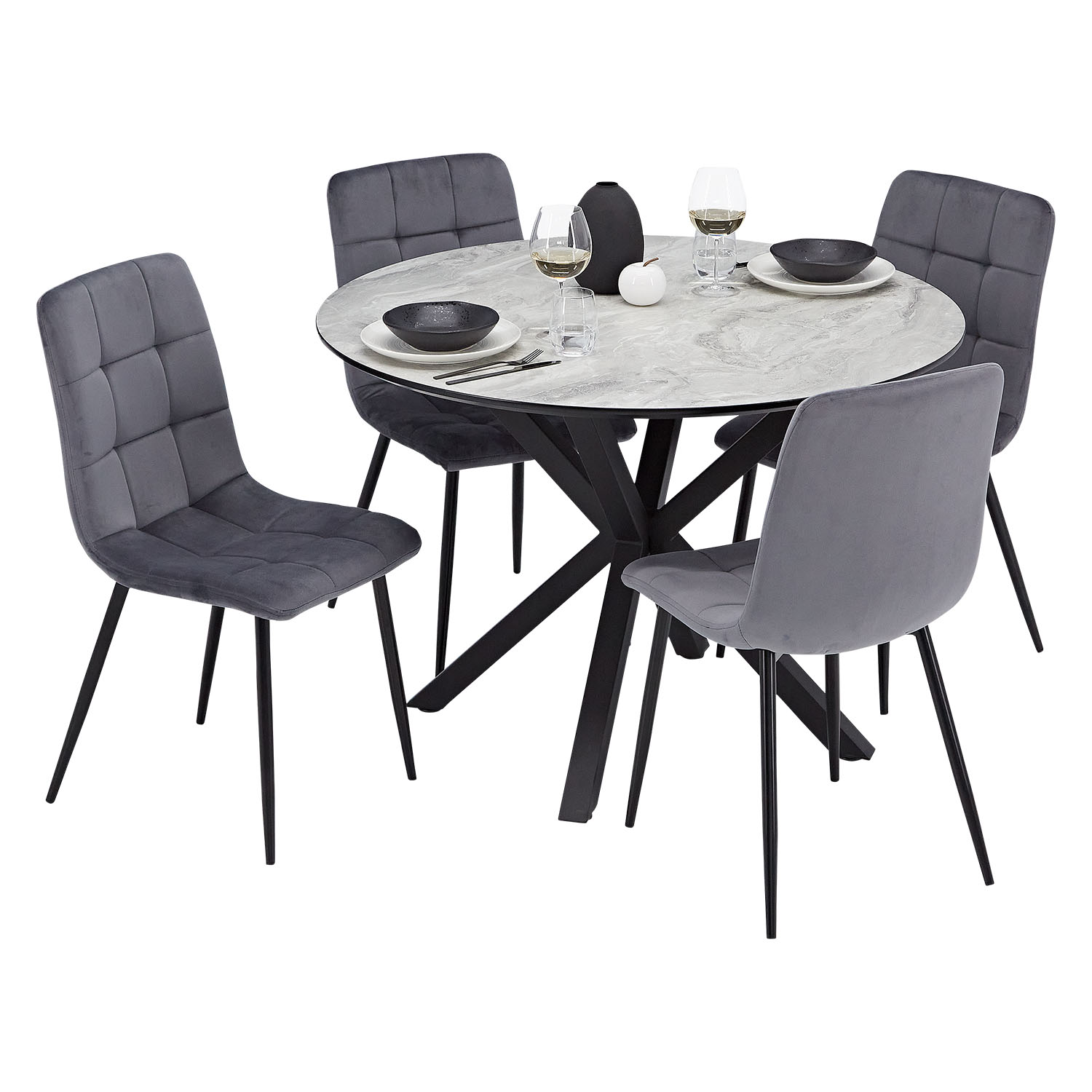 Esstisch mit 2 oder 4 Stühlen Set Essgruppe Polsterstühle Samt Leinen Grau Esszimmertisch Rund Ø 110 cm Modern