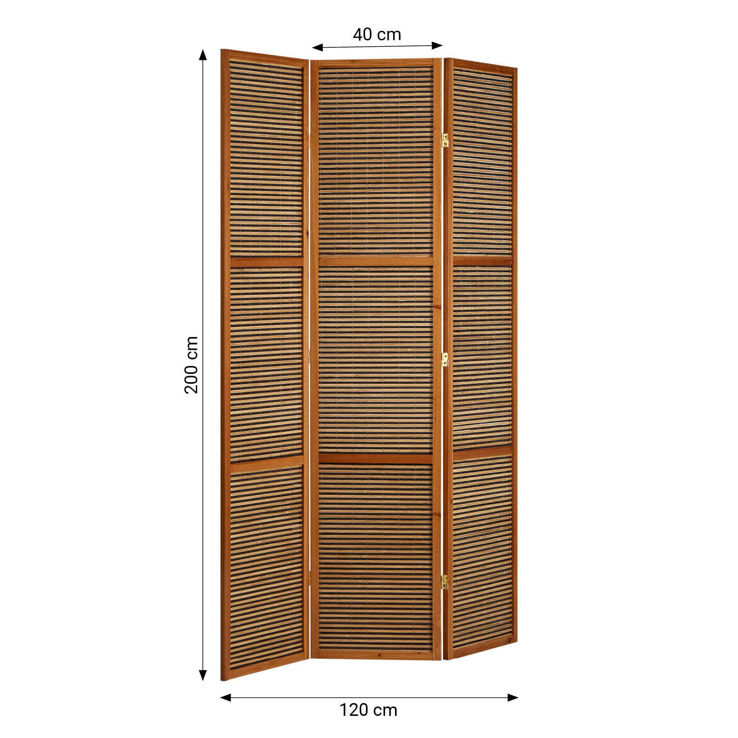 Brown 3-panel folding screen, 200 cm – Wooden room divider & privacy screen with slats