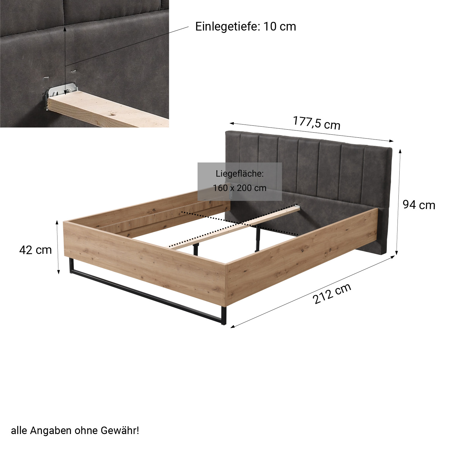 Wooden bed with upholstered headboard 160x200 cm oak und grey | with slatted frame | double fabric bed | industrial style