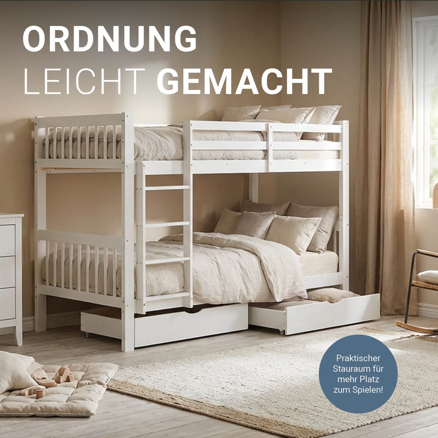 White Bunk Bed 90x200 cm | Children’s Bed with 2 Underbed Drawers | Safety Guard | Convertible | Solid Wood