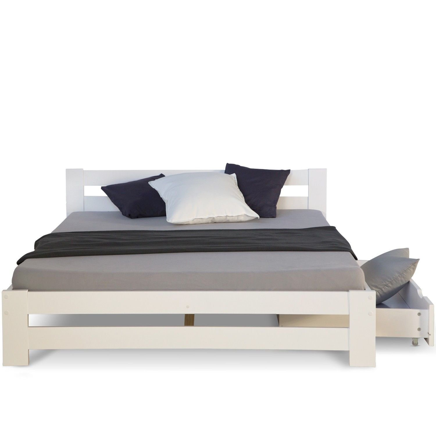 Wood Bed 140x200 cm White | Double Bed with Bed Drawer | with Slatted Frame | Solid | Kids Youth Guest Bedroom