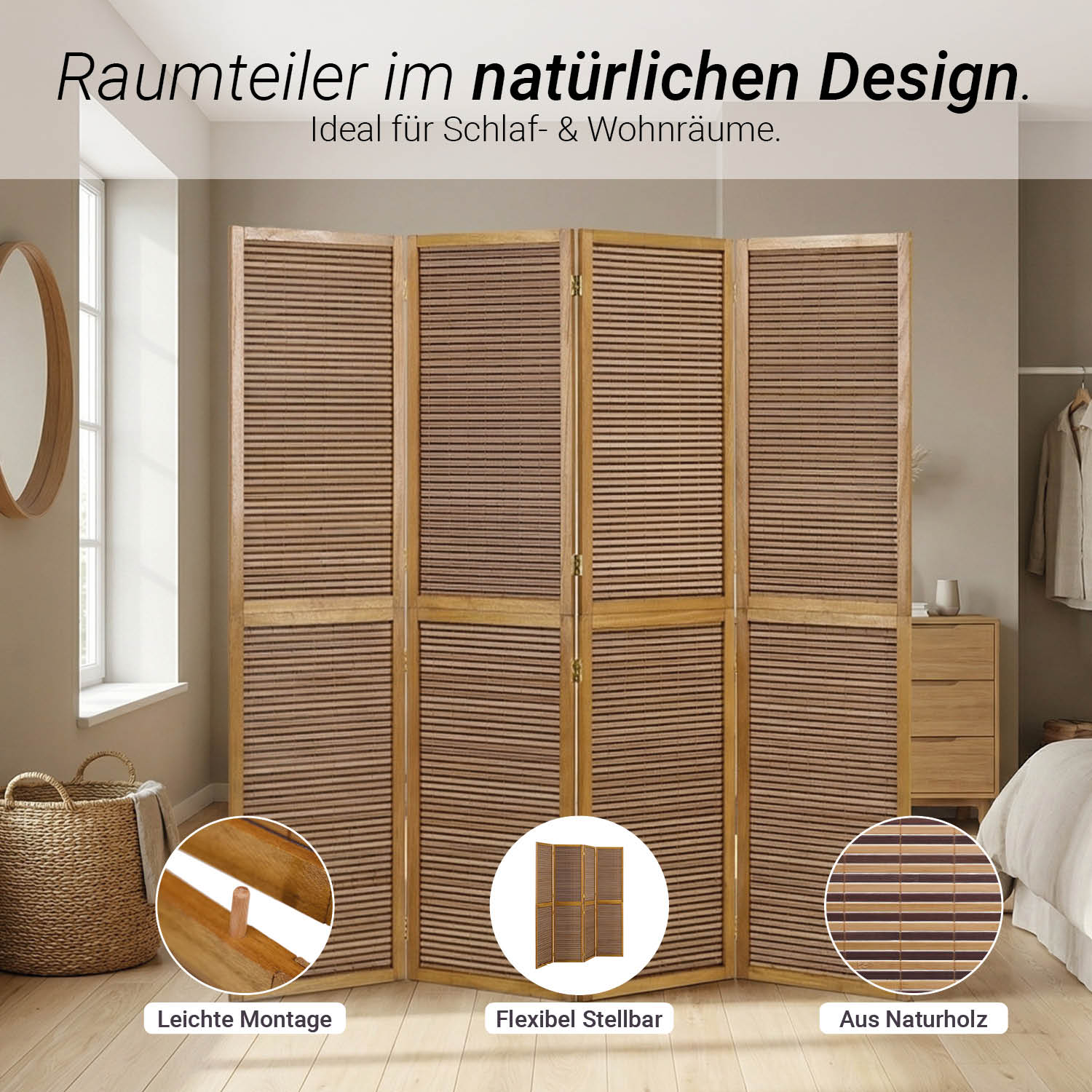 Paravent Brown Wooden Slats | 4-panel | Wood | Room Divider Partition Privacy Screen