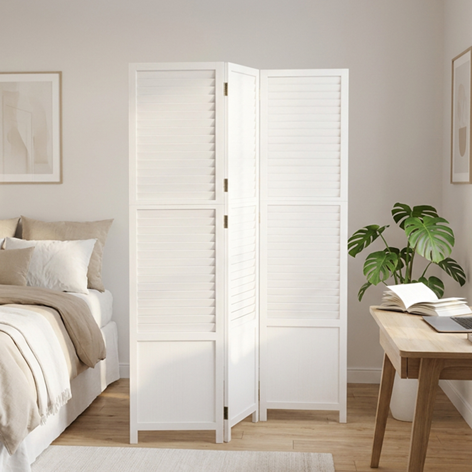 White Wooden Screen (3-panel) – Modern Wooden Room Divider & Privacy Screen