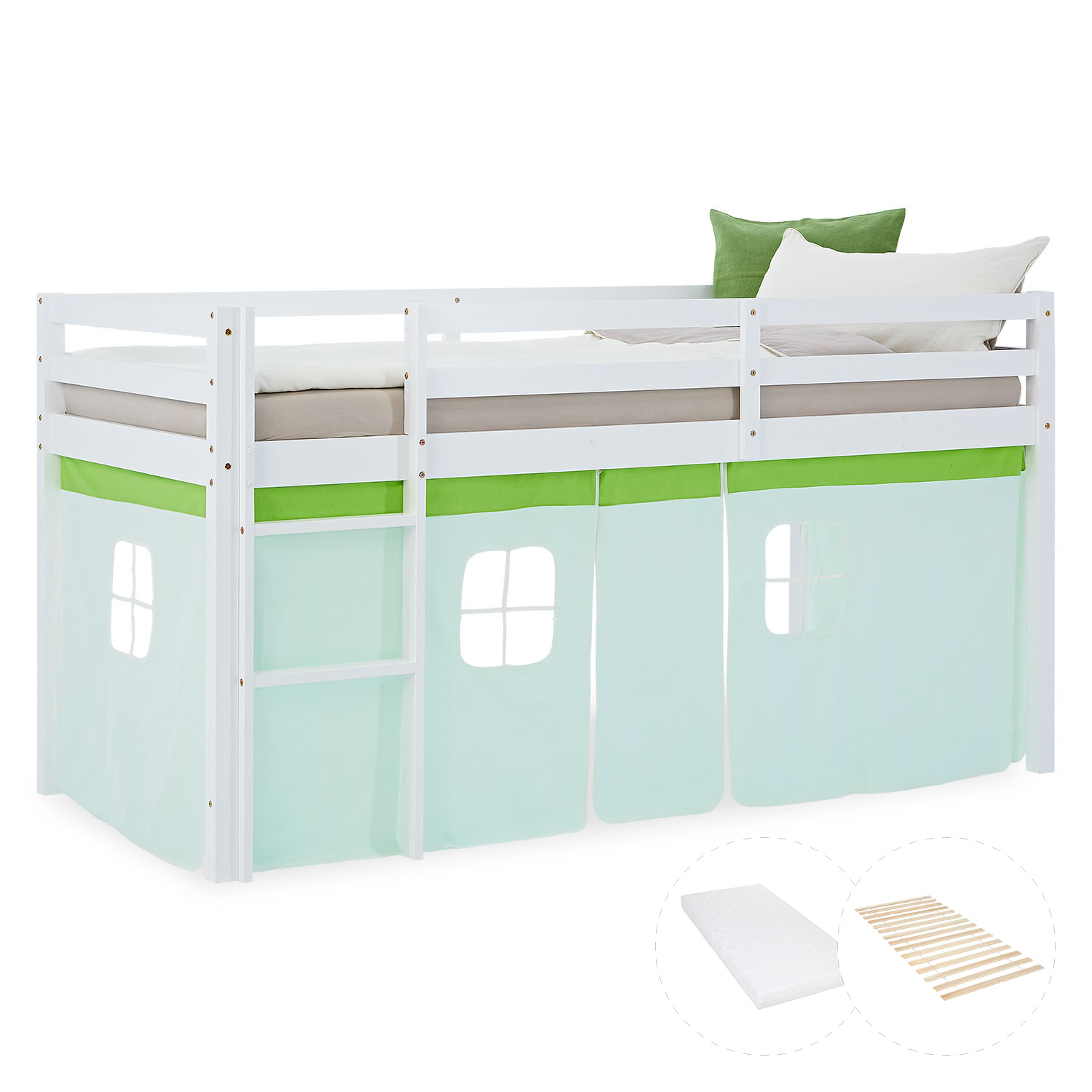 Kinderhochbett in Grün mit Elementen aus Kiefernholz, Lattenrost, Matratze, Leiter und Spielvorhang. Das weiße Hochbett ist mit Matratze und Kissen vor weißem Hintergrund abgebildet. Sichtbar sind eine Leiter, seitliche Schutzgitter, ein Spielvorhang unte