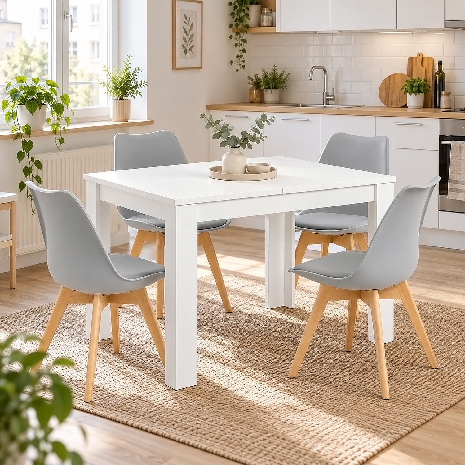 Dining Set (5-Piece): 120x80 cm white extendable dining table with 4 grey plastic chairs and wooden legs