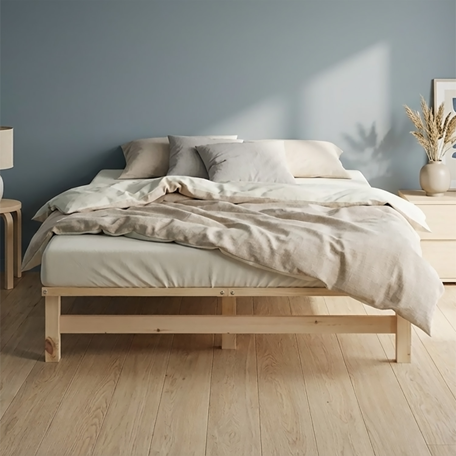 120x200 cm Natural Pallet Bed – Wooden Double Bed with Mattress & Slatted Base for Teen Rooms, Guest Rooms, and Bedrooms