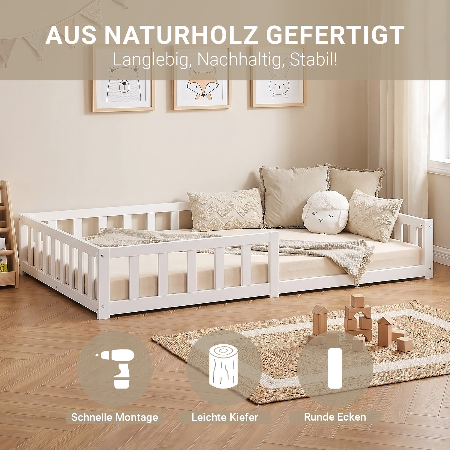 Montessori Crib 120x200 cm White with Safety Rail & Slatted Base – Solid Wood Crib