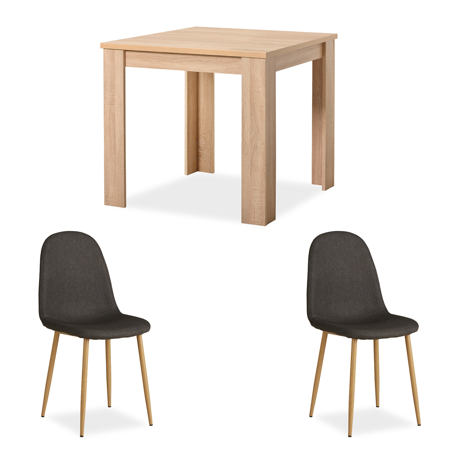 Essgruppe in Anthrazit und Naturholzfarbe mit Holzelementen. In der eingerichteten Szene sind Bilderrahmen, Blumen in einer Vase, Tassen und ein heller Teppich zu sehen.