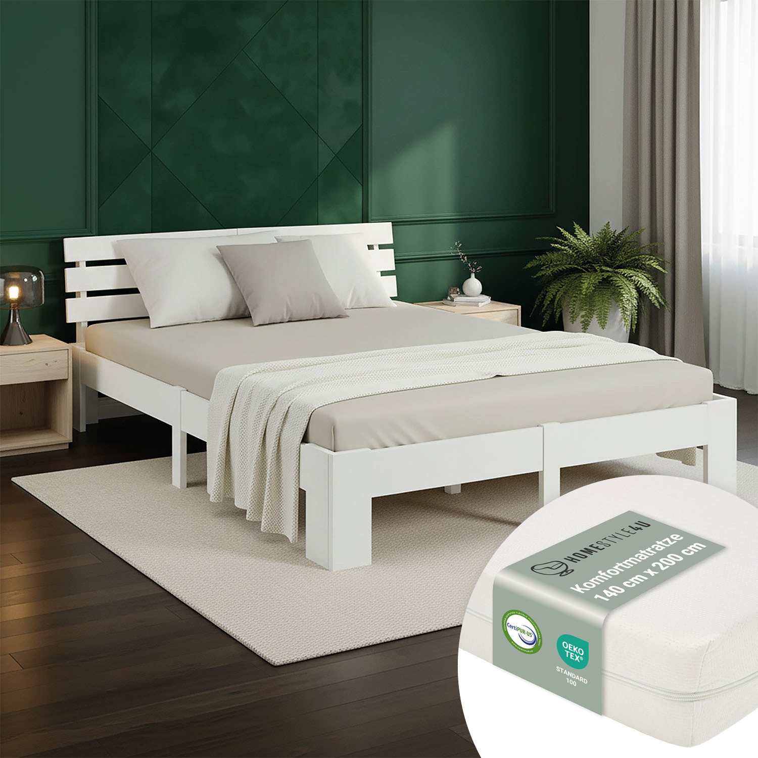 Solid White Pine Wood Bed, 140x200 cm – Futon Bed with Mattress & Slatted Base